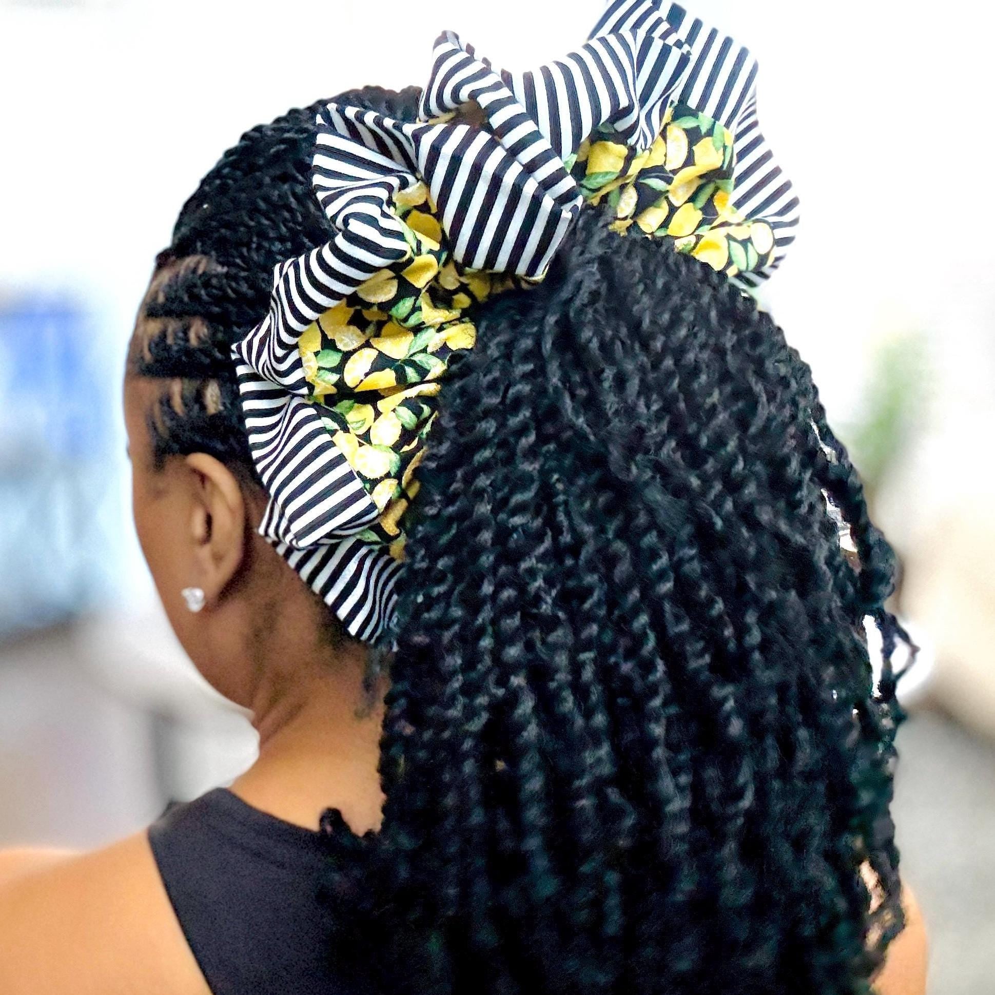 Oversized Luxury Scrunchie, Jumbo Yellow Black Elastic Hair Tie, Boho Vibrant Lemon Striped Print Statement Accessories, Spring Barrette