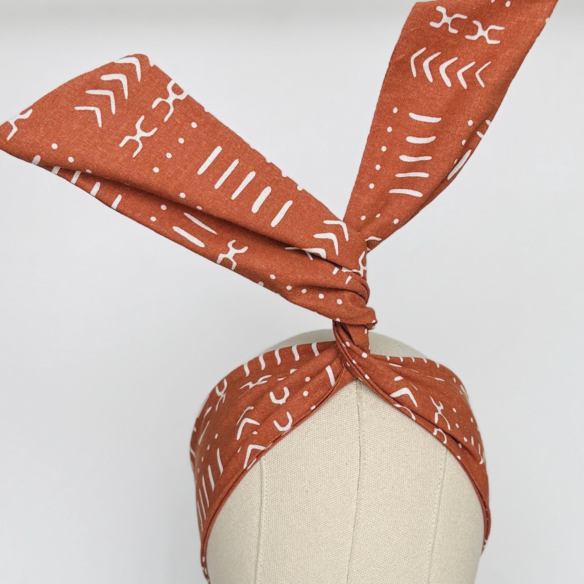 Mini Adjustable Wire Head Wrap, Burnt Orange Tribal Print Wired Headband, Bendable Fabric Head Wrap, Women Head Scarf, Hair Accessories
