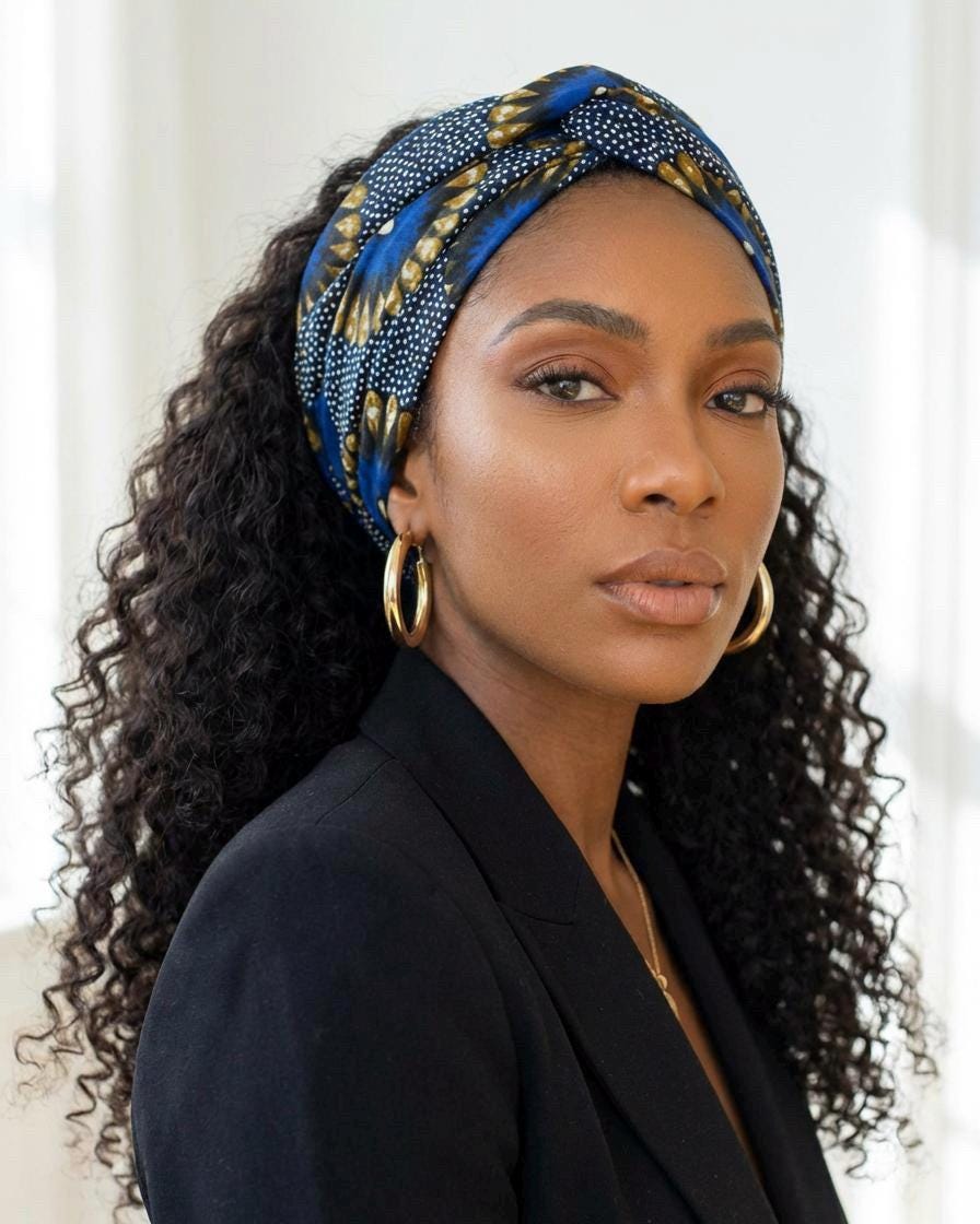 Extra Long Wide Adjustable Wire Wrap Navy White Brown Ankara Print Headband, Wired Tribal African Fabric Head Wrap, Accessories, Turban