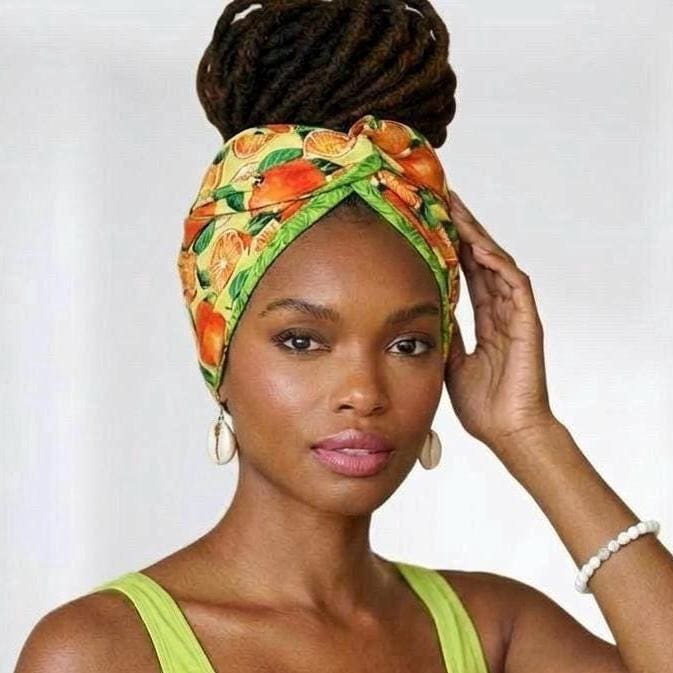 Extra Wide Reversible Adjustable Wire Headband, Tropical Orange Lime Green Floral Print, Wired Head Wrap, Vacation Head Wrap BendableTurban