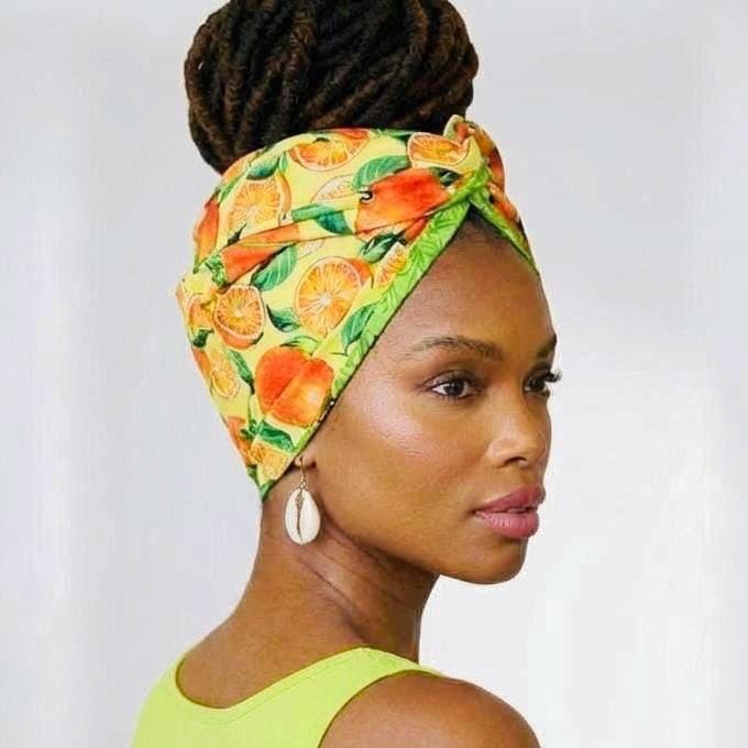 Extra Wide Reversible Adjustable Wire Headband, Tropical Orange Lime Green Floral Print, Wired Head Wrap, Vacation Head Wrap BendableTurban