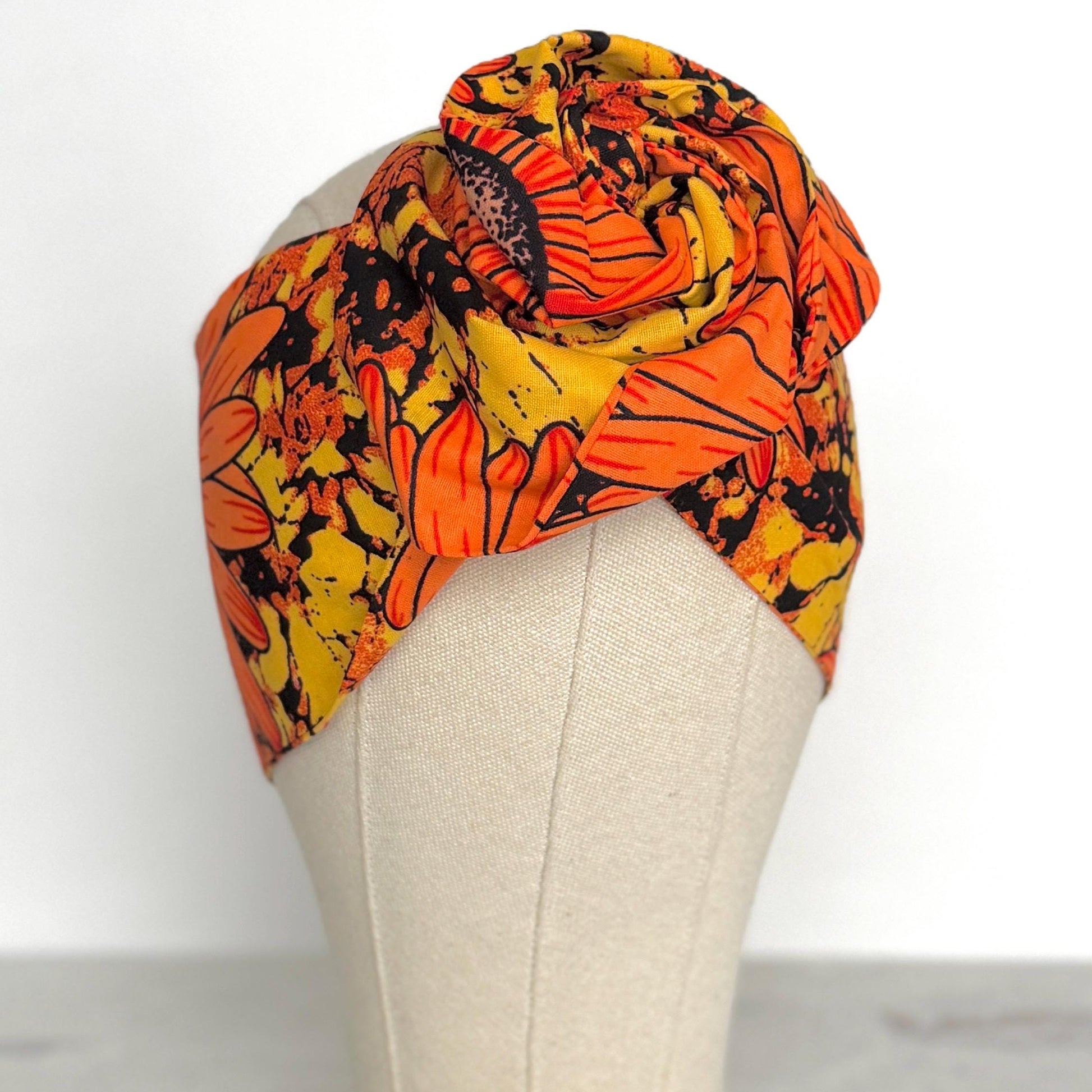 Extra Wide Adjustable Wire Wrap, Ankara Wired Headband, Yellow Orange Brown African Fabric Head Wrap, Ankara Afro Boho Turban, Bandana