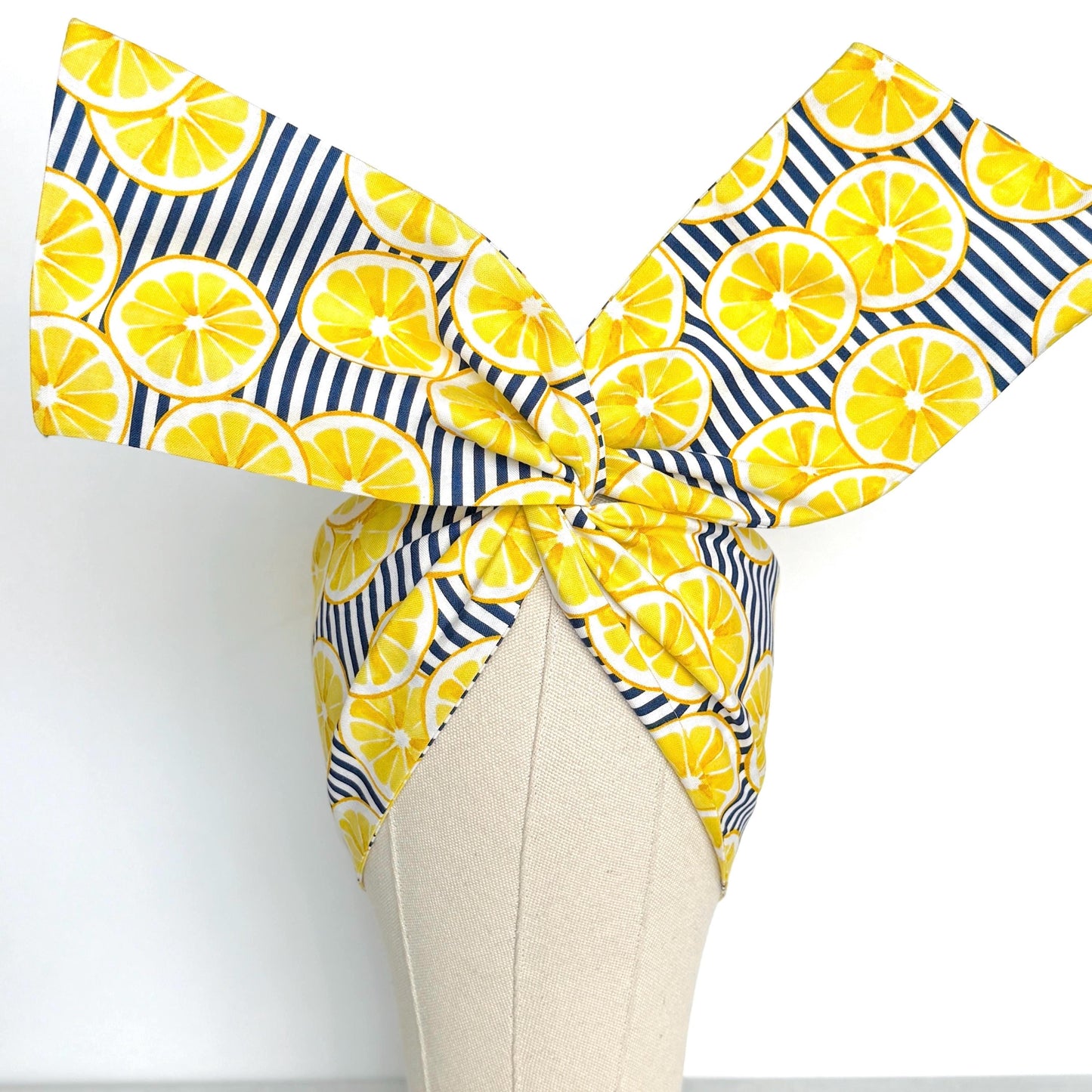 Extra Wide Adjustable Wire Headband, Navy Blue Striped Lemon Print, Boho Wired Headband, Fabric Head Wrap, BendableTurban, Gift for Her