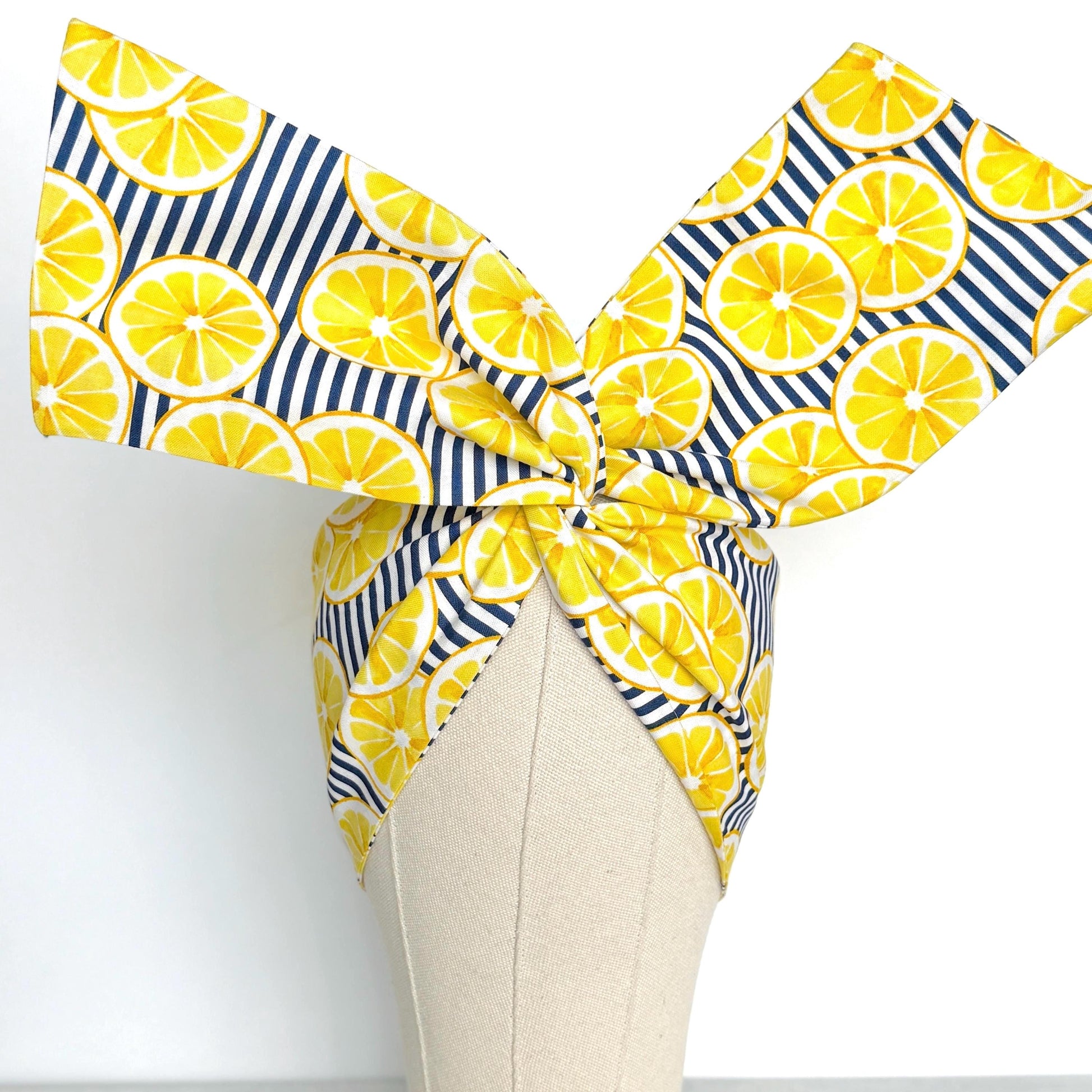 Extra Wide Adjustable Wire Headband, Navy Blue Striped Lemon Print, Boho Wired Headband, Fabric Head Wrap, BendableTurban, Gift for Her