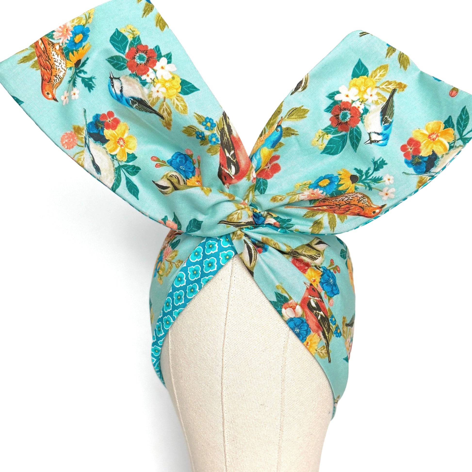Extra Wide Reversible BENDABLE Wire Headband, Teal Blue Floral Bird Print, Summer Wired Head Wrap, Turban Accessories, Head Scarf Bandana
