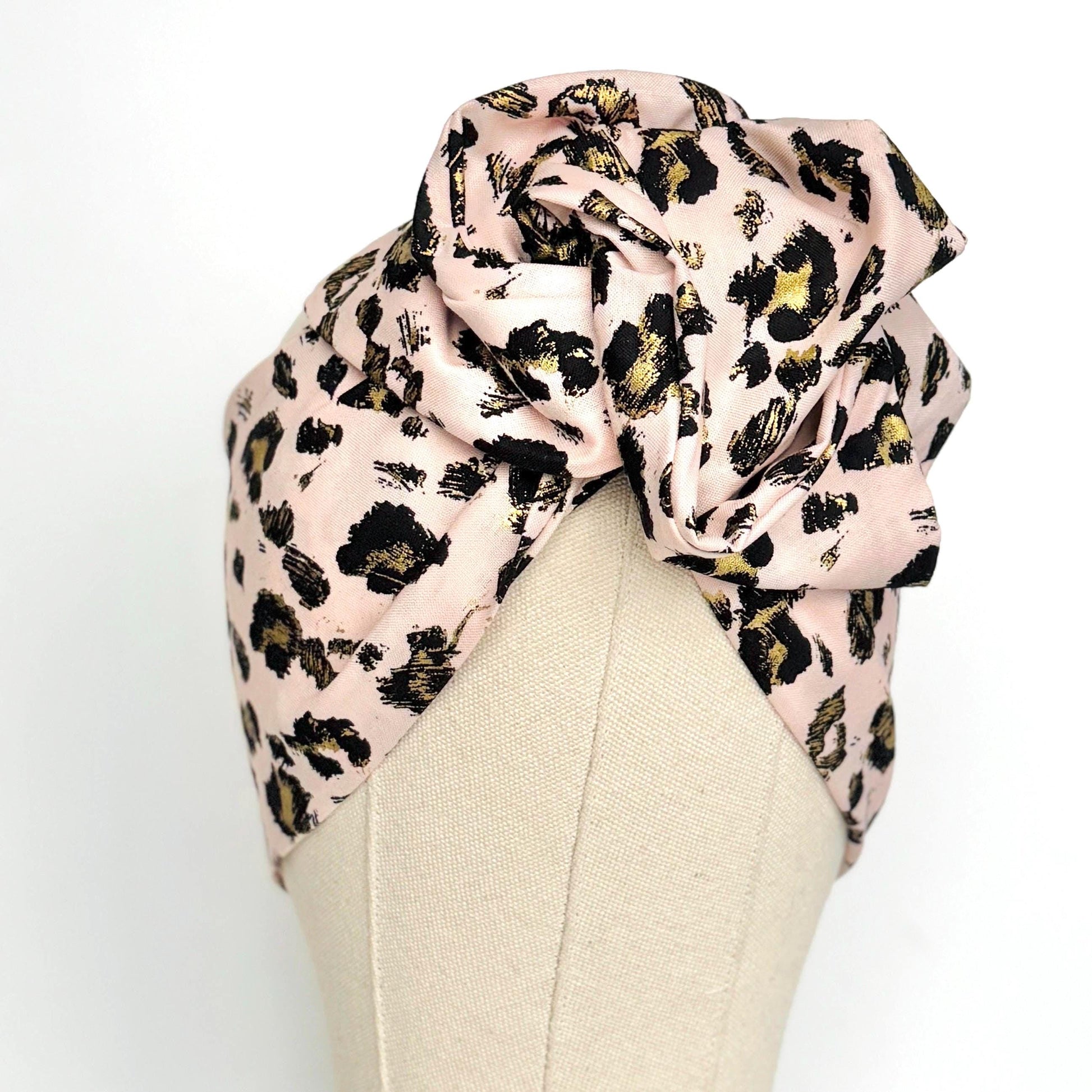 Extra Wide Adjustable Wire Headband, Pink & Gold Leopard Print, Boho Wired Headband, Fabric Head Wrap, Turban, Gift for Her, Bendable Scarf