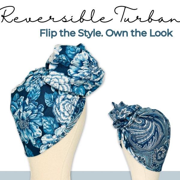 Full Turban Wire Headband, Reversible Extra Wide Navy Teal White Floral Paisley Wired Headband, Fabric Head Wrap, Boho Women Accessories