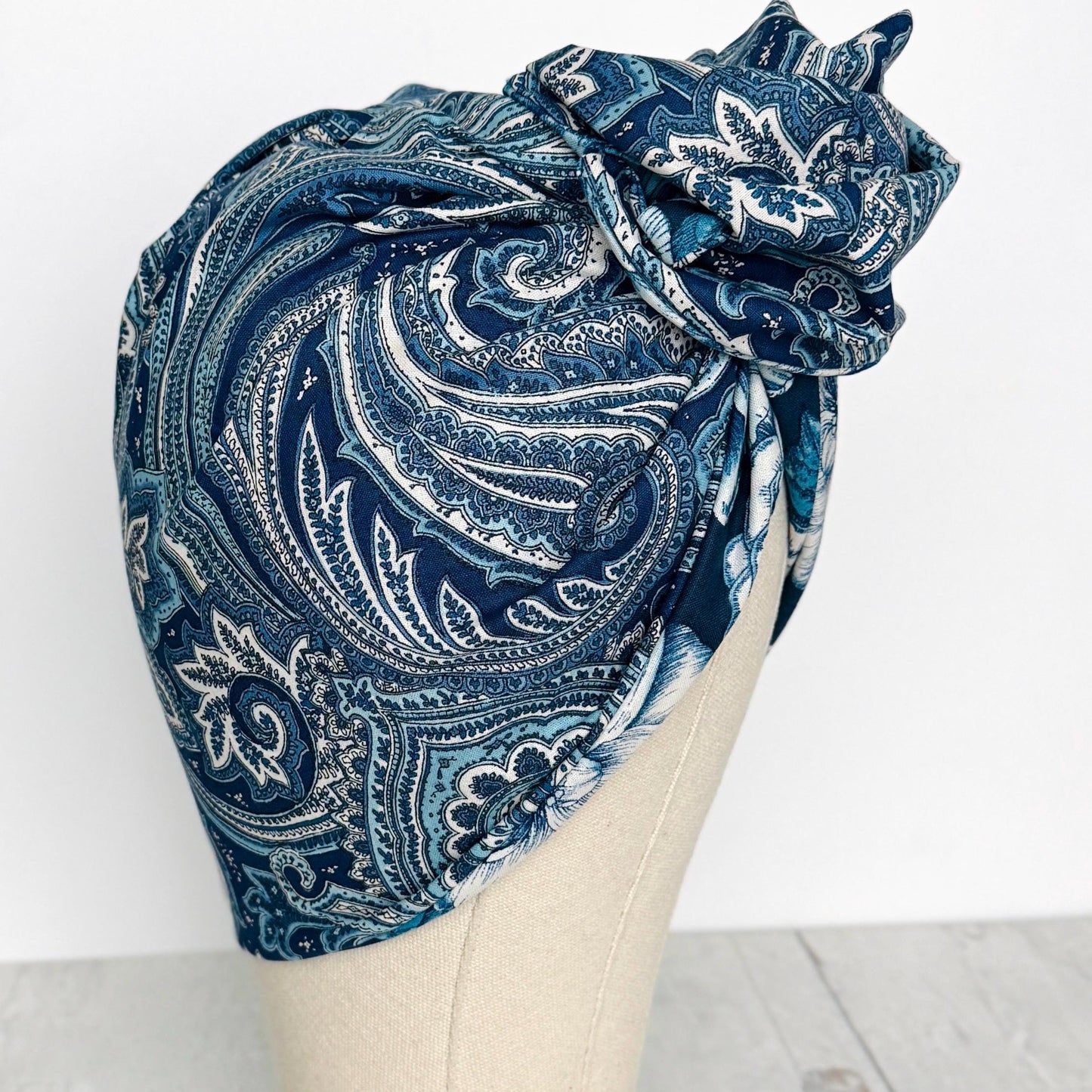 Full Turban Wire Headband, Reversible Extra Wide Navy Teal White Floral Paisley Wired Headband, Fabric Head Wrap, Boho Women Accessories