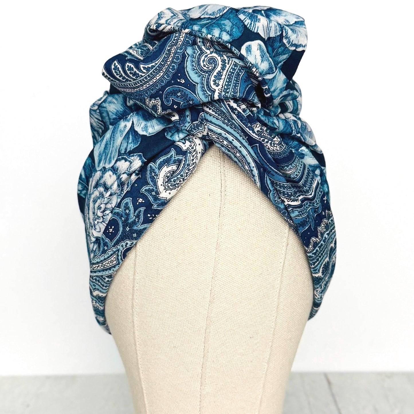 Full Turban Wire Headband, Reversible Extra Wide Navy Teal White Floral Paisley Wired Headband, Fabric Head Wrap, Boho Women Accessories