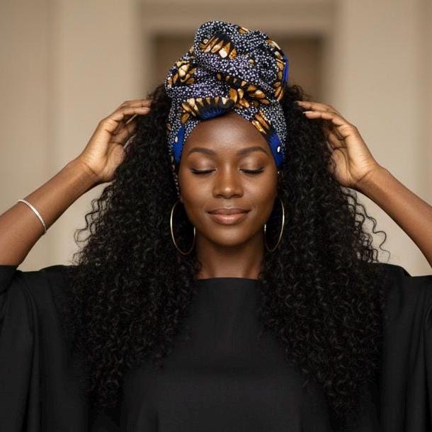 Extra Long Wide Adjustable Wire Wrap Navy White Brown Ankara Print Headband, Wired Tribal African Fabric Head Wrap, Accessories, Turban