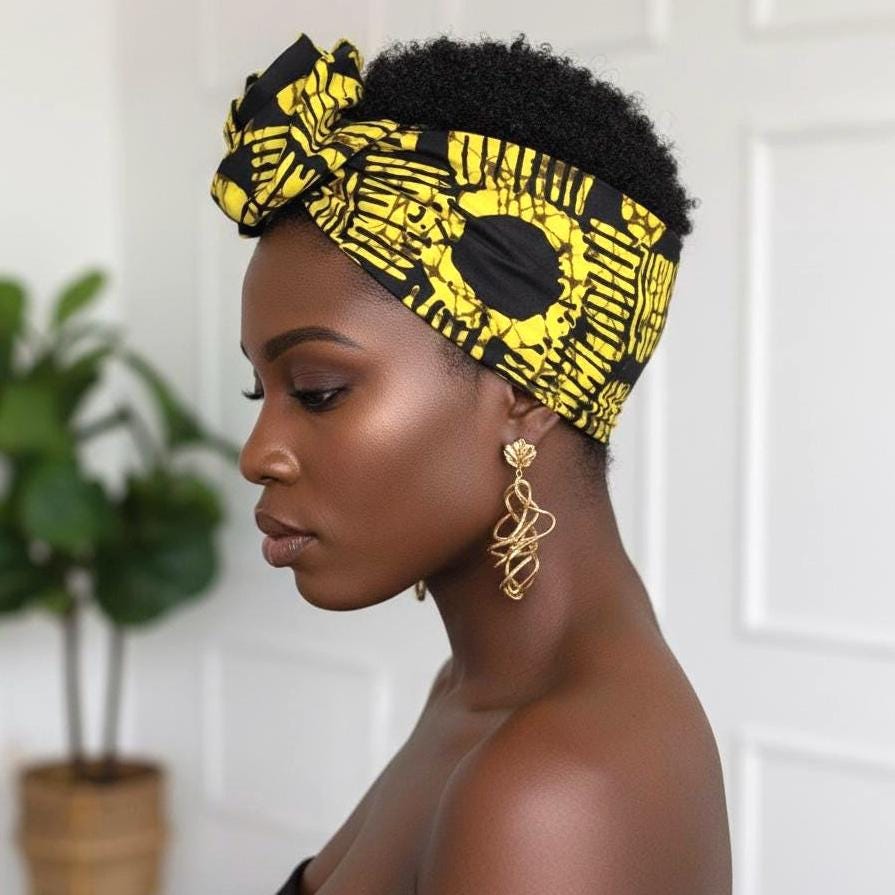 Extra Long Wide Adjustable Wire Wrap, Ankara Wired Headband, Yellow & Black African Fabric Head Wrap, Ankara Afro Boho Accessories
