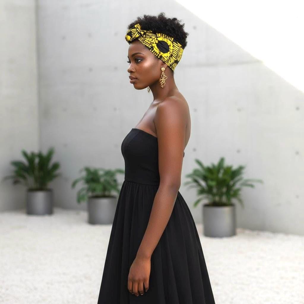 Extra Long Wide Adjustable Wire Wrap, Ankara Wired Headband, Yellow & Black African Fabric Head Wrap, Ankara Afro Boho Accessories
