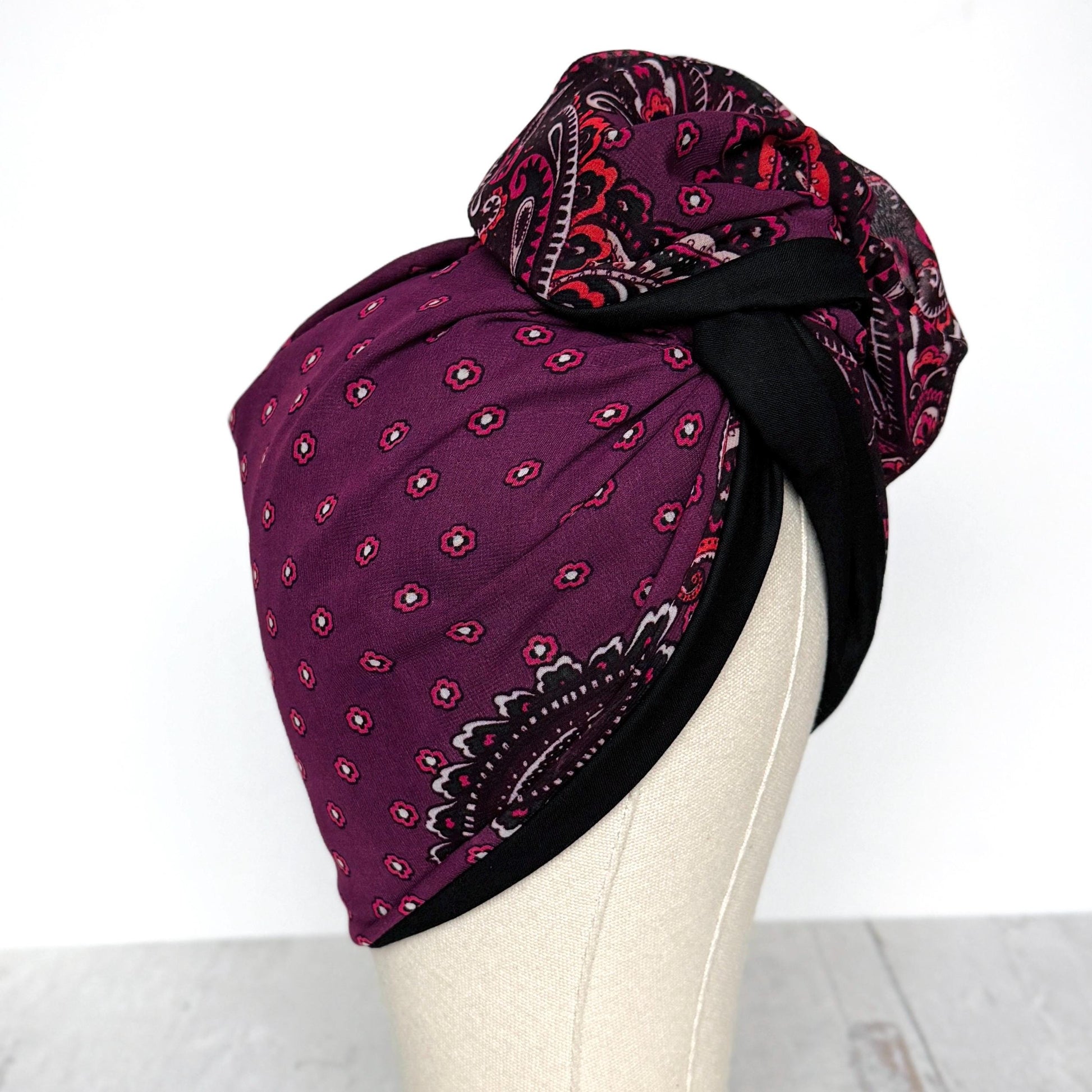 Full Turban Wire Headband, Reversible Extra Wide Deep Plum Paisely Print Wired Headband, Fabric Head Wrap, Afro Boho Women Accessories
