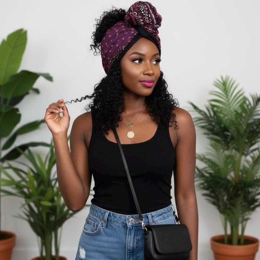 Full Turban Wire Headband, Reversible Extra Wide Deep Plum Paisely Print Wired Headband, Fabric Head Wrap, Afro Boho Women Accessories