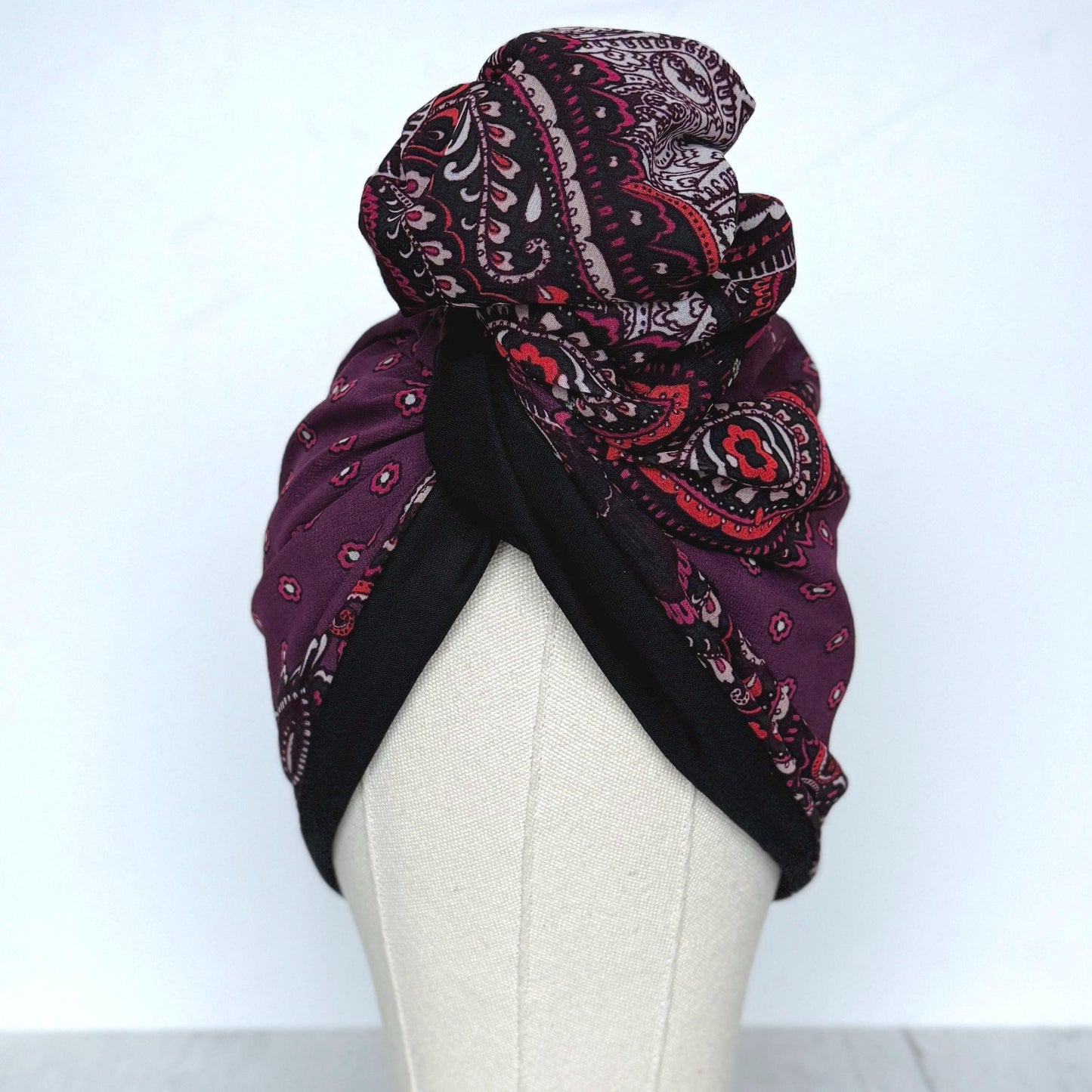 Full Turban Wire Headband, Reversible Extra Wide Deep Plum Paisely Print Wired Headband, Fabric Head Wrap, Afro Boho Women Accessories