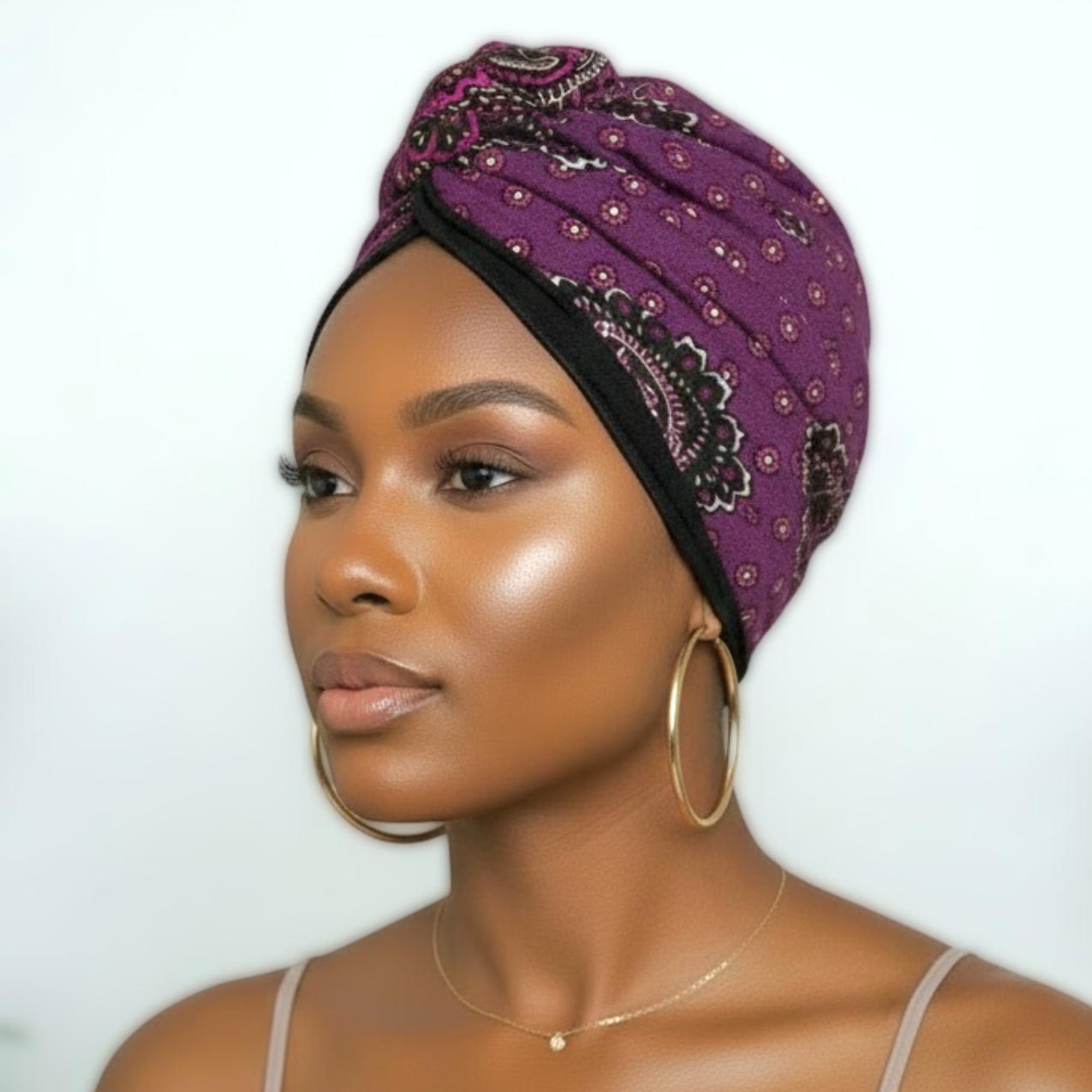 Full Turban Wire Headband, Reversible Extra Wide Deep Plum Paisely Print Wired Headband, Fabric Head Wrap, Afro Boho Women Accessories