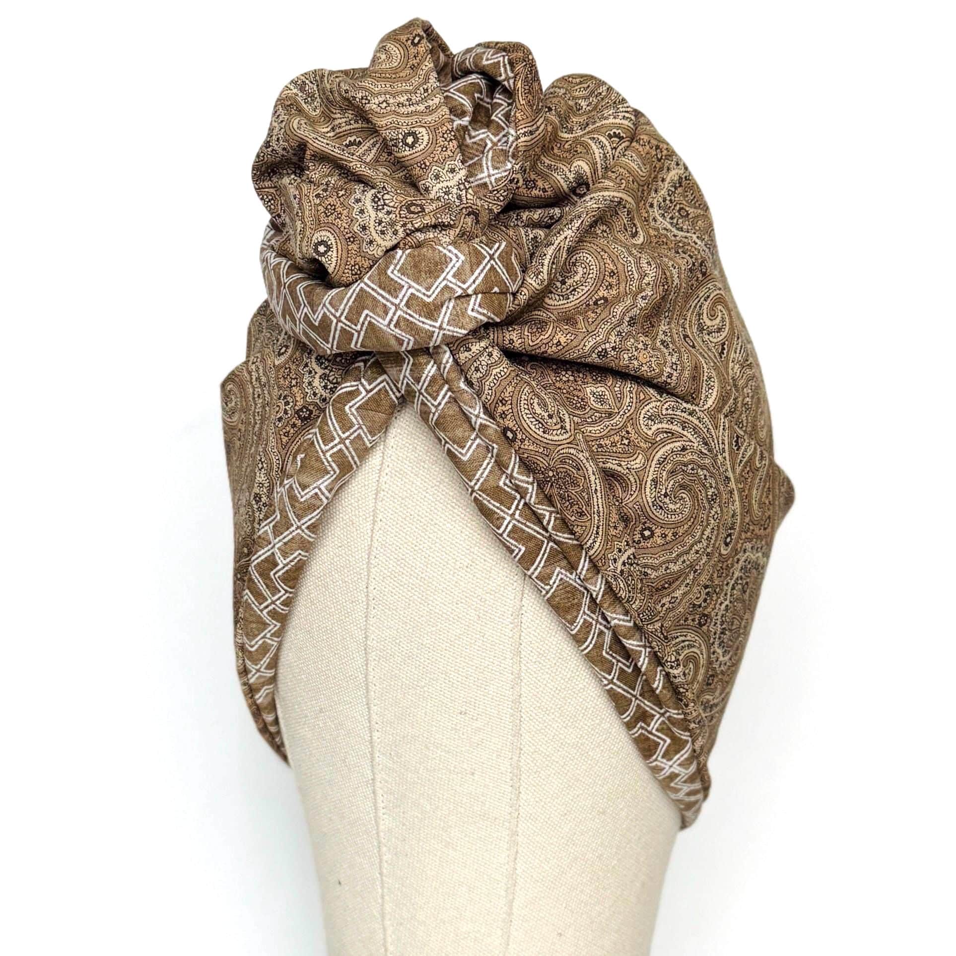 Full Turban Wire Headband, Reversible Extra Wide Tan White Paisley Geometric Print Wired Headband, Fabric Head Wrap, Boho Women Accessories