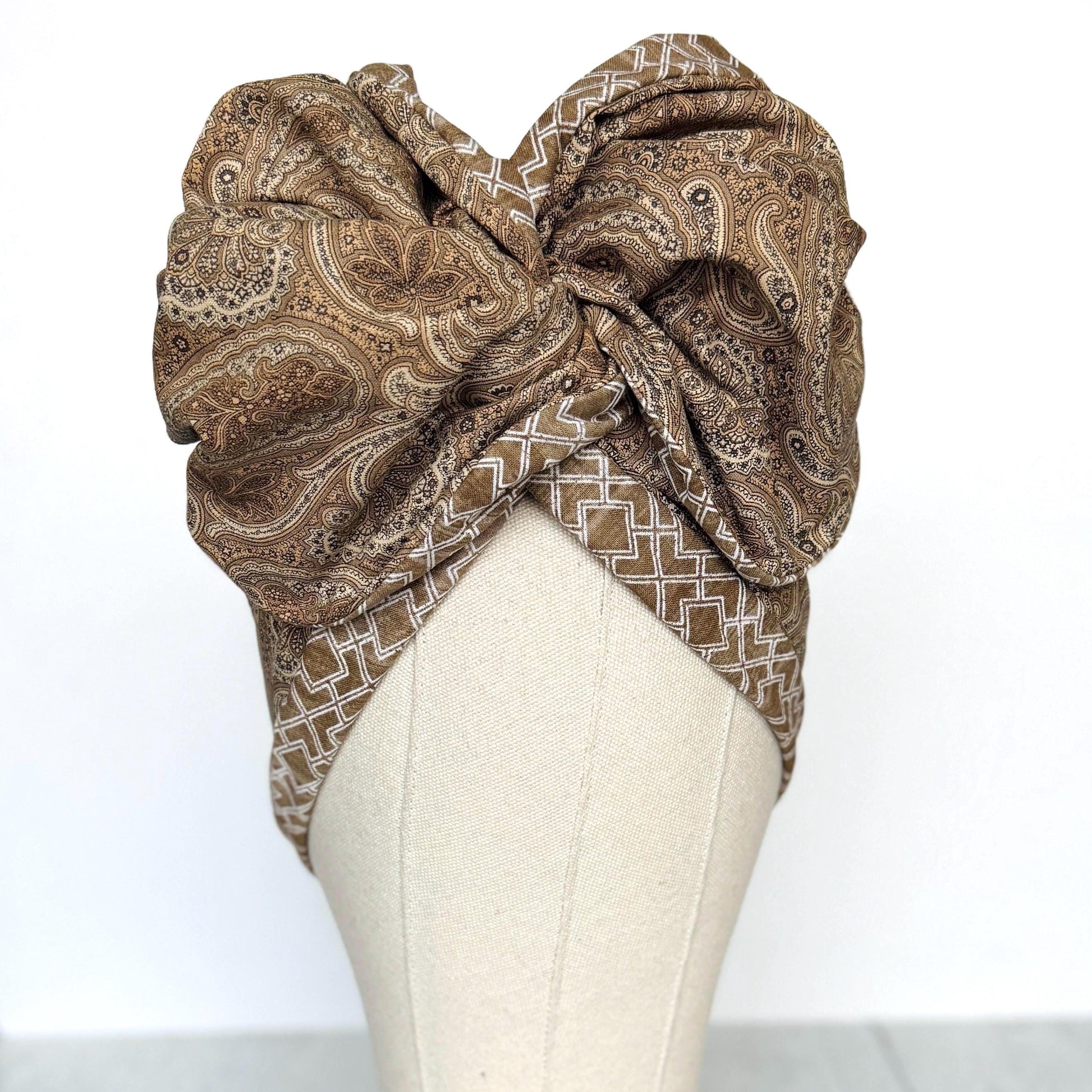 Full Turban Wire Headband, Reversible Extra Wide Tan White Paisley Geometric Print Wired Headband, Fabric Head Wrap, Boho Women Accessories
