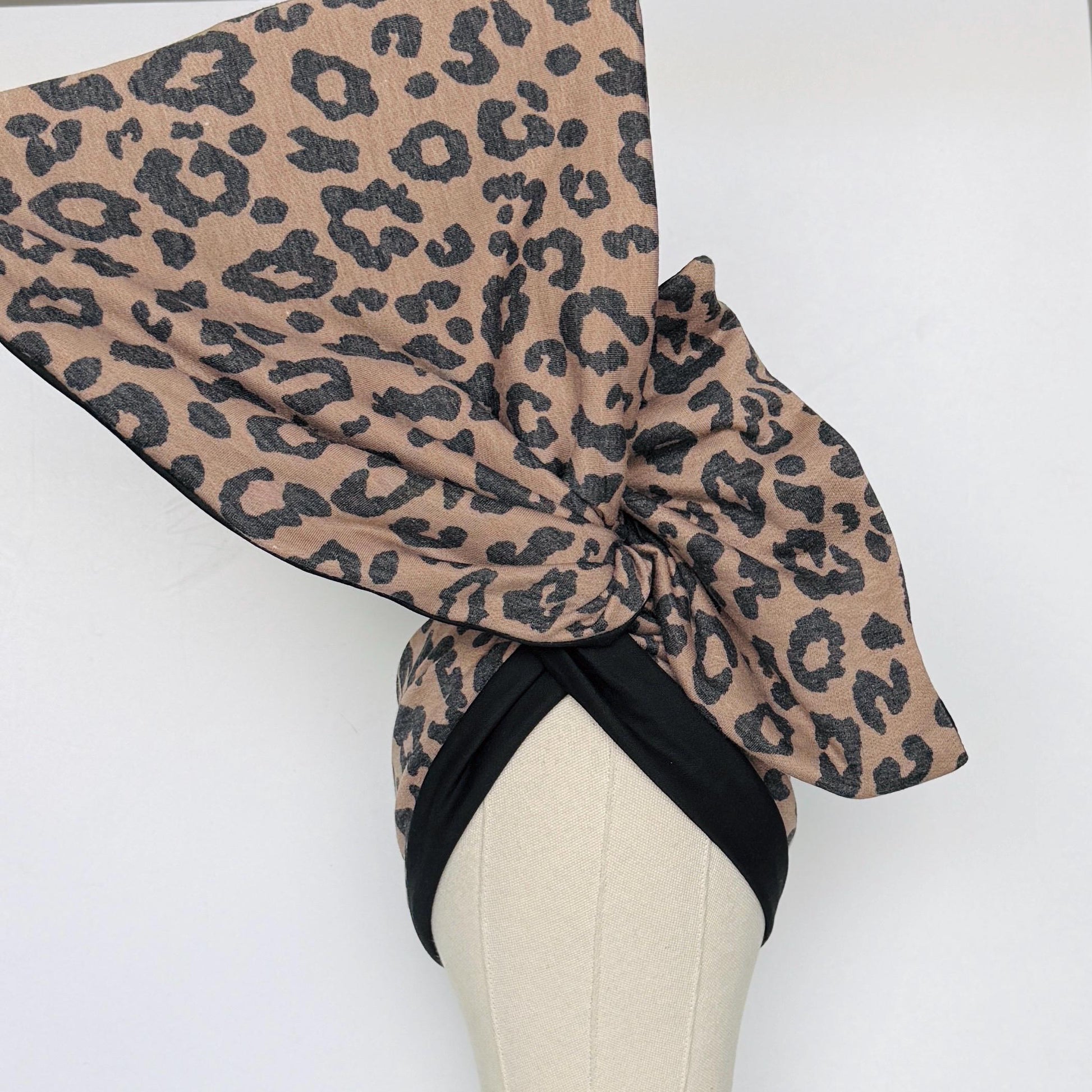 Full Turban Wire Headband, Reversible Extra Wide Brown Black Leopard Print Wired Head Wrap, Fabric Head Wrap, Afro Boho Women Accessories