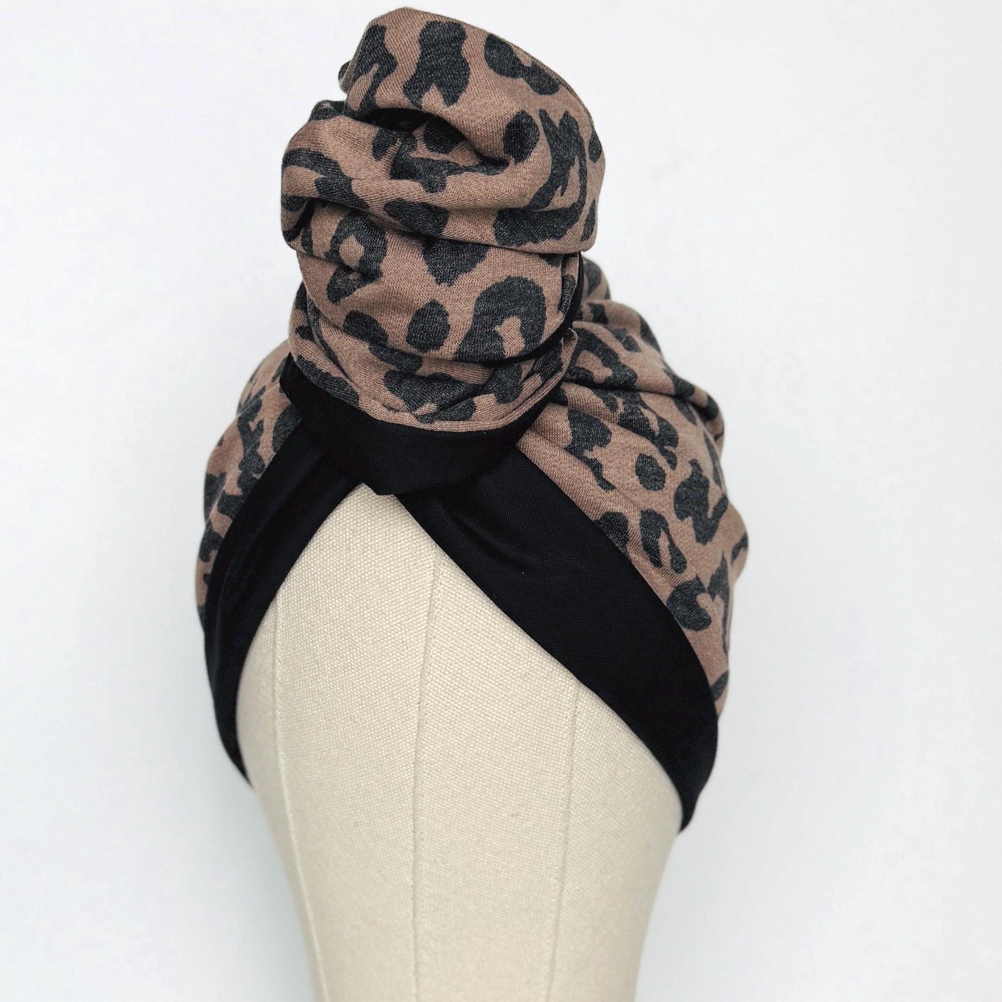 Full Turban Wire Headband, Reversible Extra Wide Brown Black Leopard Print Wired Head Wrap, Fabric Head Wrap, Afro Boho Women Accessories