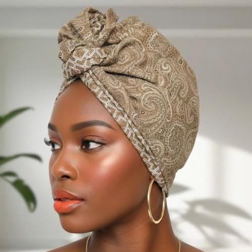 Full Turban Wire Headband, Reversible Extra Wide Tan White Paisley Geometric Print Wired Headband, Fabric Head Wrap, Boho Women Accessories
