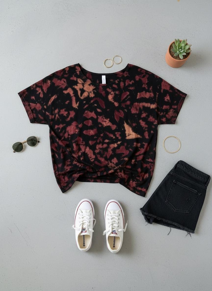 Tie Dye Off Shoulder Shirt, Oversized Slouchy Tee, Dark Pink Black Hand Dyed Tie Dye Shirt, Boho Lounge Shirt, L XL 2XL Unisex Tee
