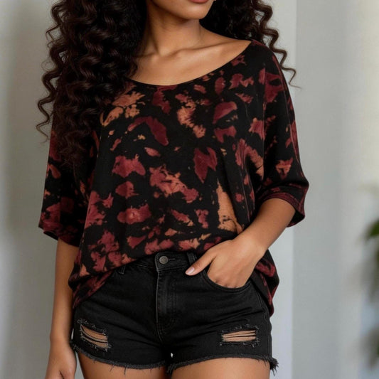 Tie Dye Off Shoulder Shirt, Oversized Slouchy Tee, Dark Pink Black Hand Dyed Tie Dye Shirt, Boho Lounge Shirt, L XL 2XL Unisex Tee