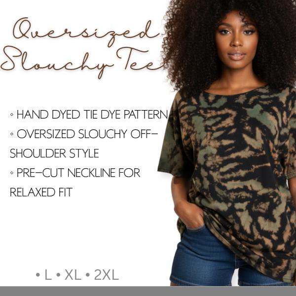 Tie Dye Off Shoulder Shirt, Oversized Slouchy Tee, Green Black Hand Dyed Tie Dye Shirt, Boho Lounge Shirt, L XL 2XL Unisex Tee