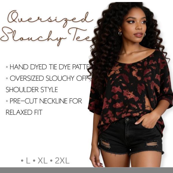 Tie Dye Off Shoulder Shirt, Oversized Slouchy Tee, Dark Pink Black Hand Dyed Tie Dye Shirt, Boho Lounge Shirt, L XL 2XL Unisex Tee