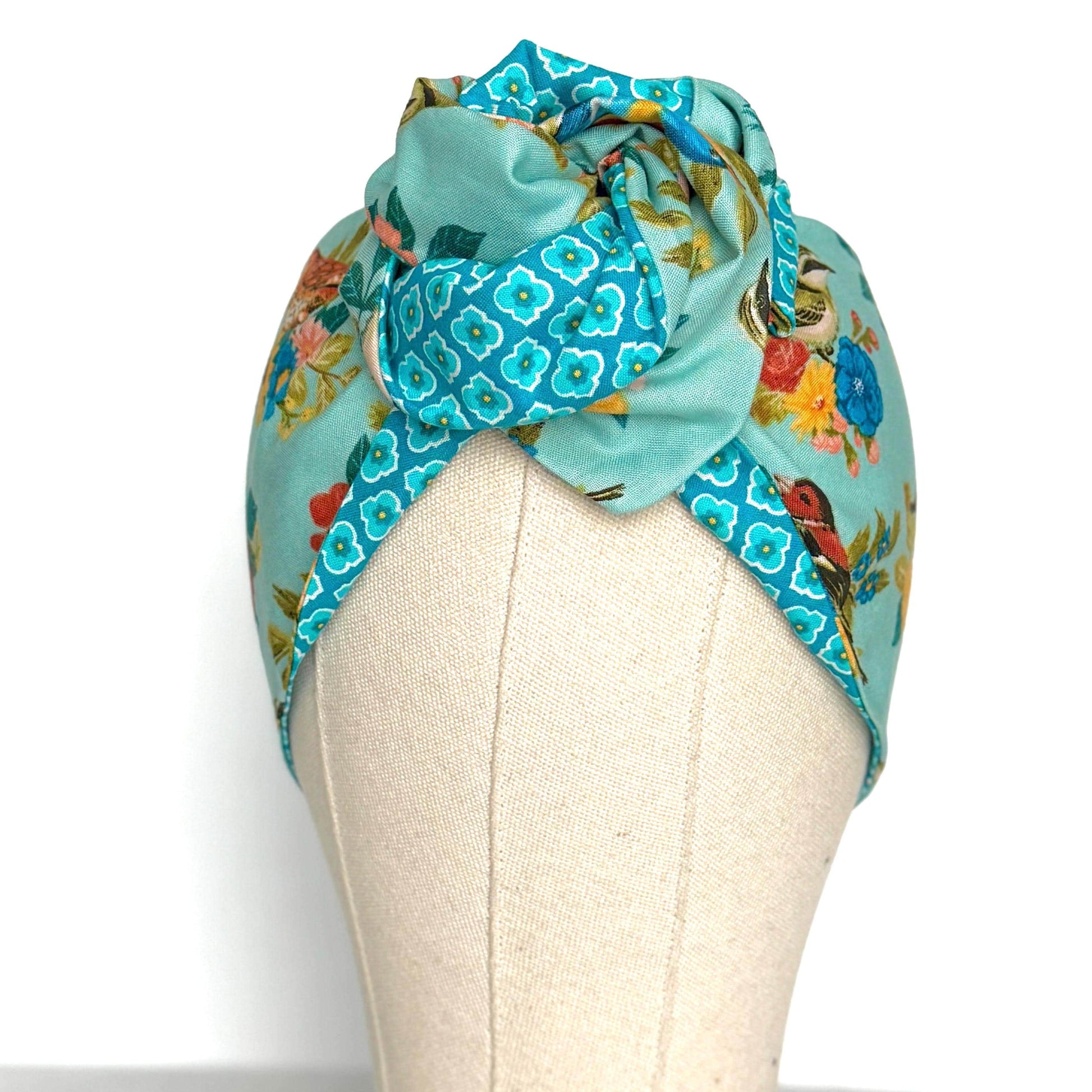 Extra Wide Reversible BENDABLE Wire Headband, Teal Blue Floral Bird Print, Summer Wired Head Wrap, Turban Accessories, Head Scarf Bandana