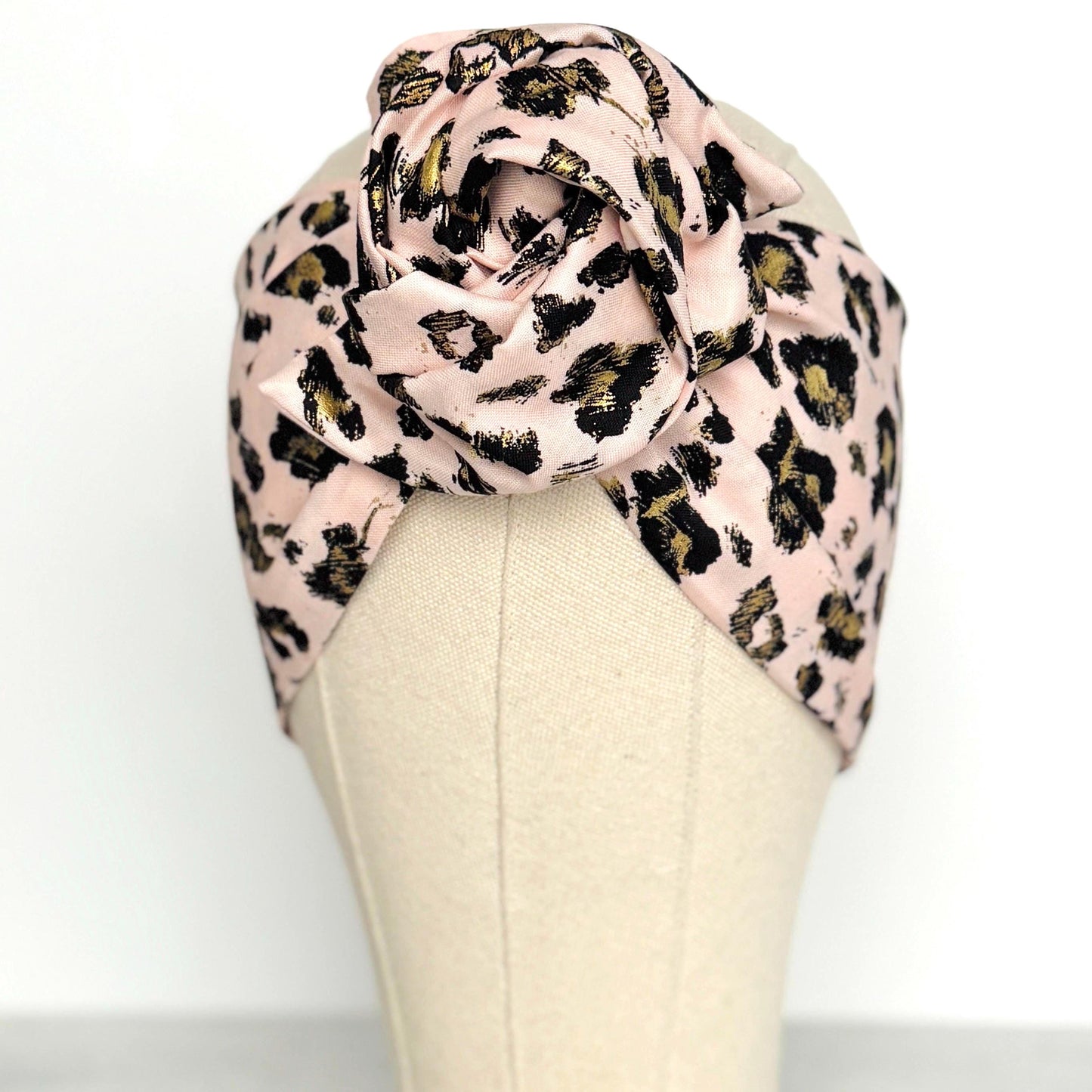Extra Wide Adjustable Wire Headband, Pink & Gold Leopard Print, Boho Wired Headband, Fabric Head Wrap, Turban, Gift for Her, Bendable Scarf