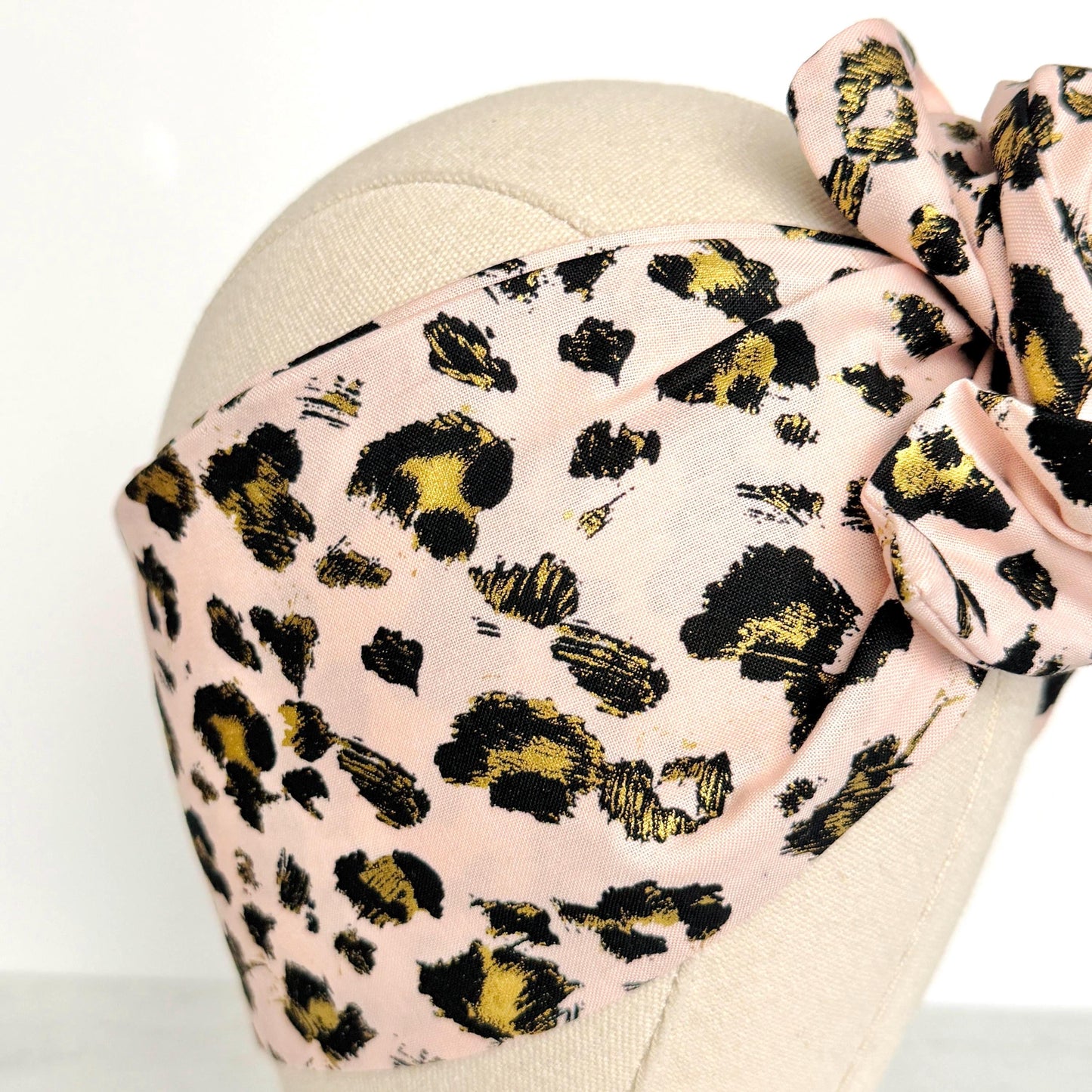 Extra Wide Adjustable Wire Headband, Pink & Gold Leopard Print, Boho Wired Headband, Fabric Head Wrap, Turban, Gift for Her, Bendable Scarf