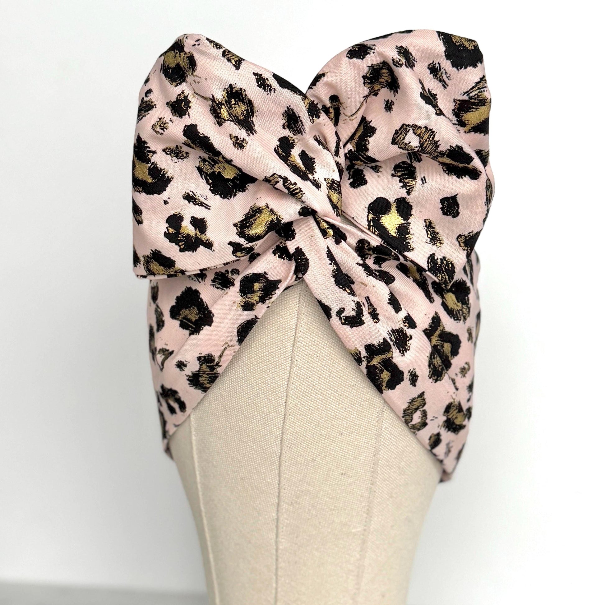 Extra Wide Adjustable Wire Headband, Pink & Gold Leopard Print, Boho Wired Headband, Fabric Head Wrap, Turban, Gift for Her, Bendable Scarf
