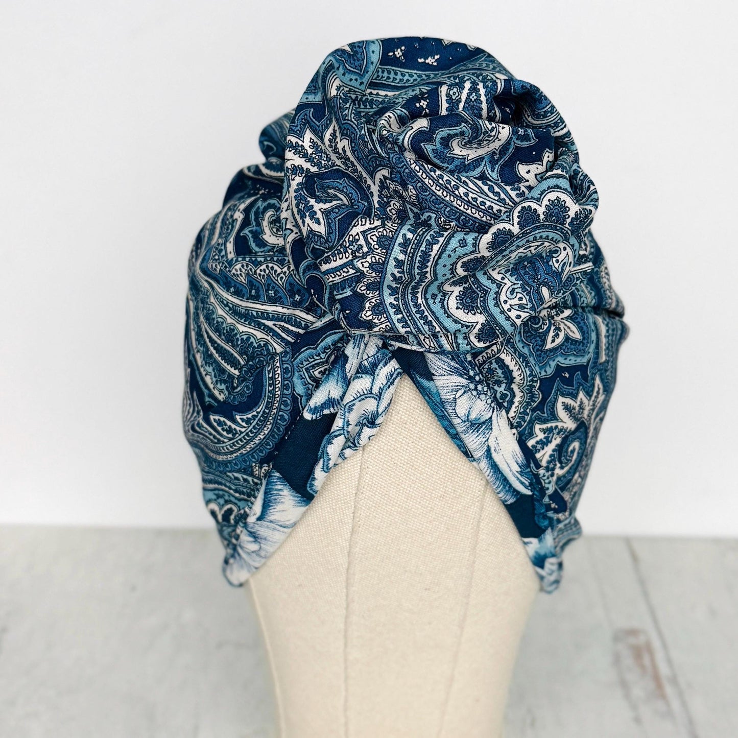 Full Turban Wire Headband, Reversible Extra Wide Navy Teal White Floral Paisley Wired Headband, Fabric Head Wrap, Boho Women Accessories