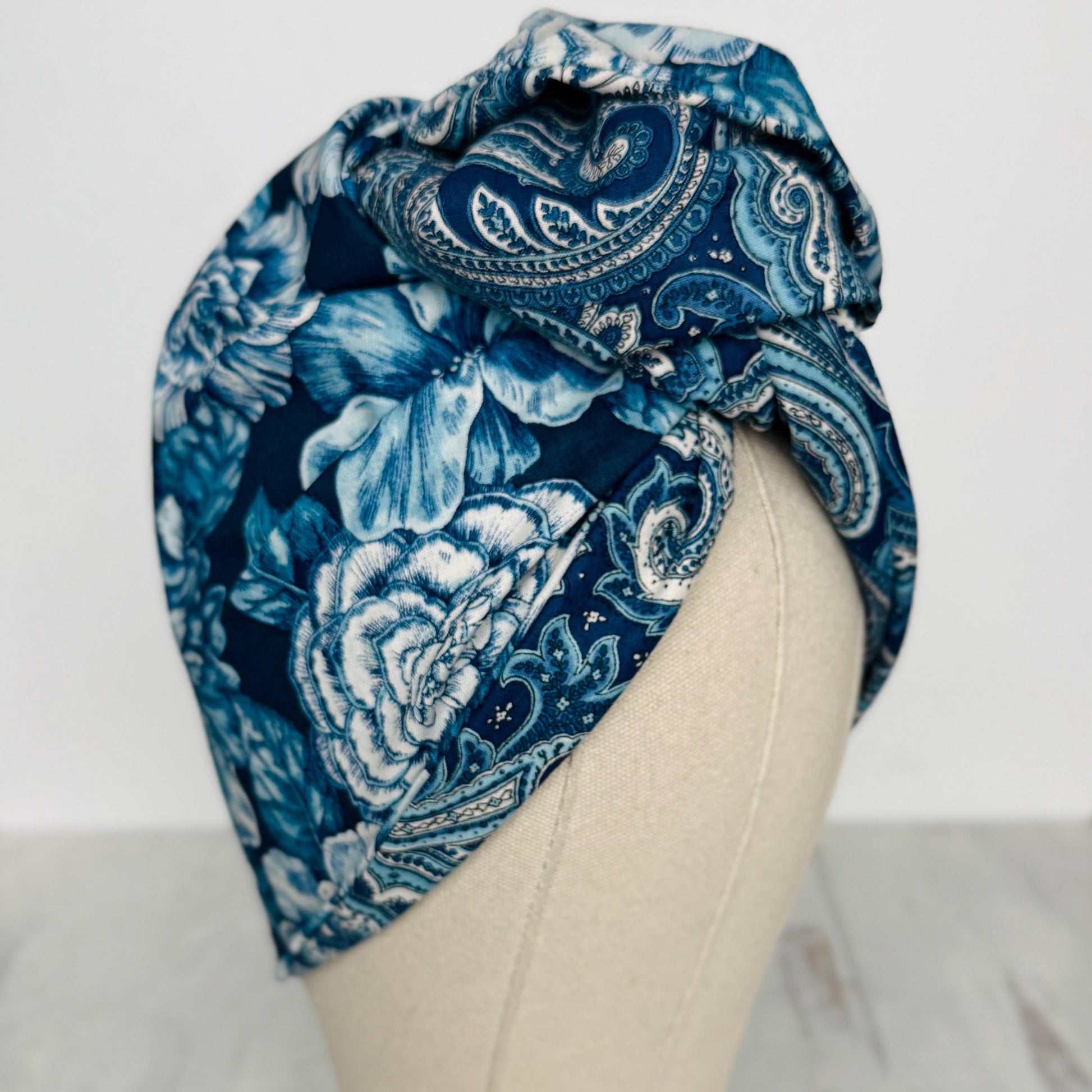 Full Turban Wire Headband, Reversible Extra Wide Navy Teal White Floral Paisley Wired Headband, Fabric Head Wrap, Boho Women Accessories