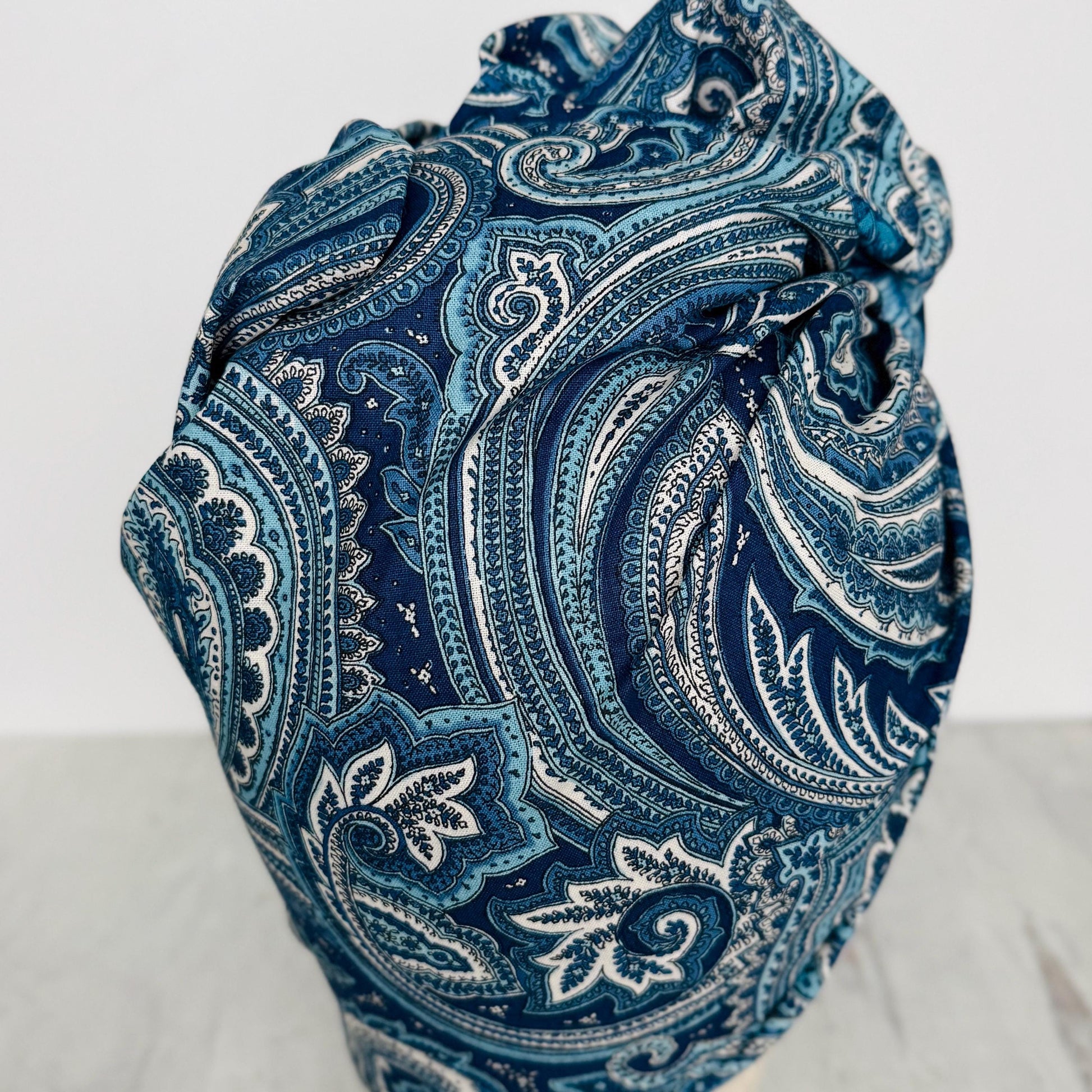 Full Turban Wire Headband, Reversible Extra Wide Navy Teal White Floral Paisley Wired Headband, Fabric Head Wrap, Boho Women Accessories