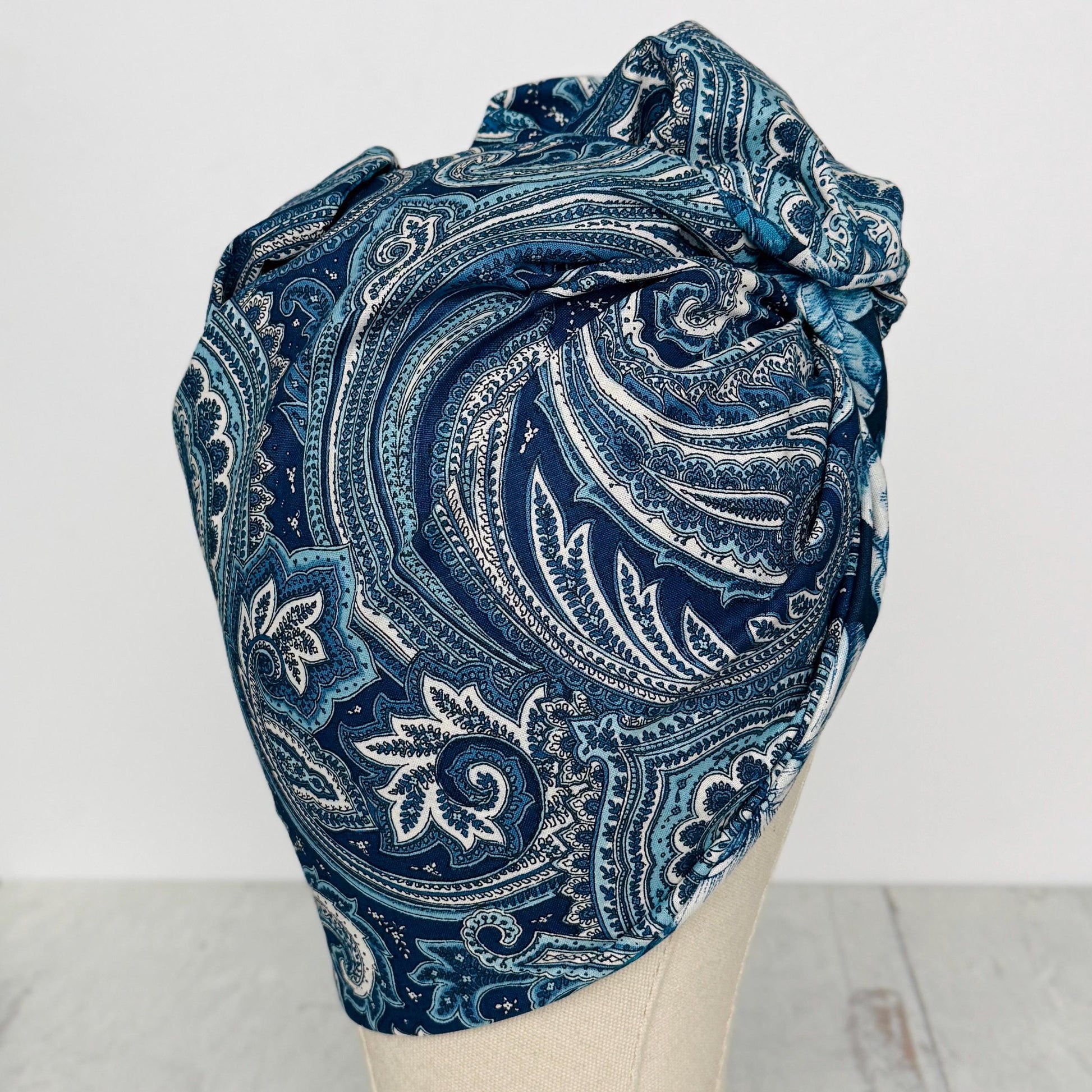 Full Turban Wire Headband, Reversible Extra Wide Navy Teal White Floral Paisley Wired Headband, Fabric Head Wrap, Boho Women Accessories