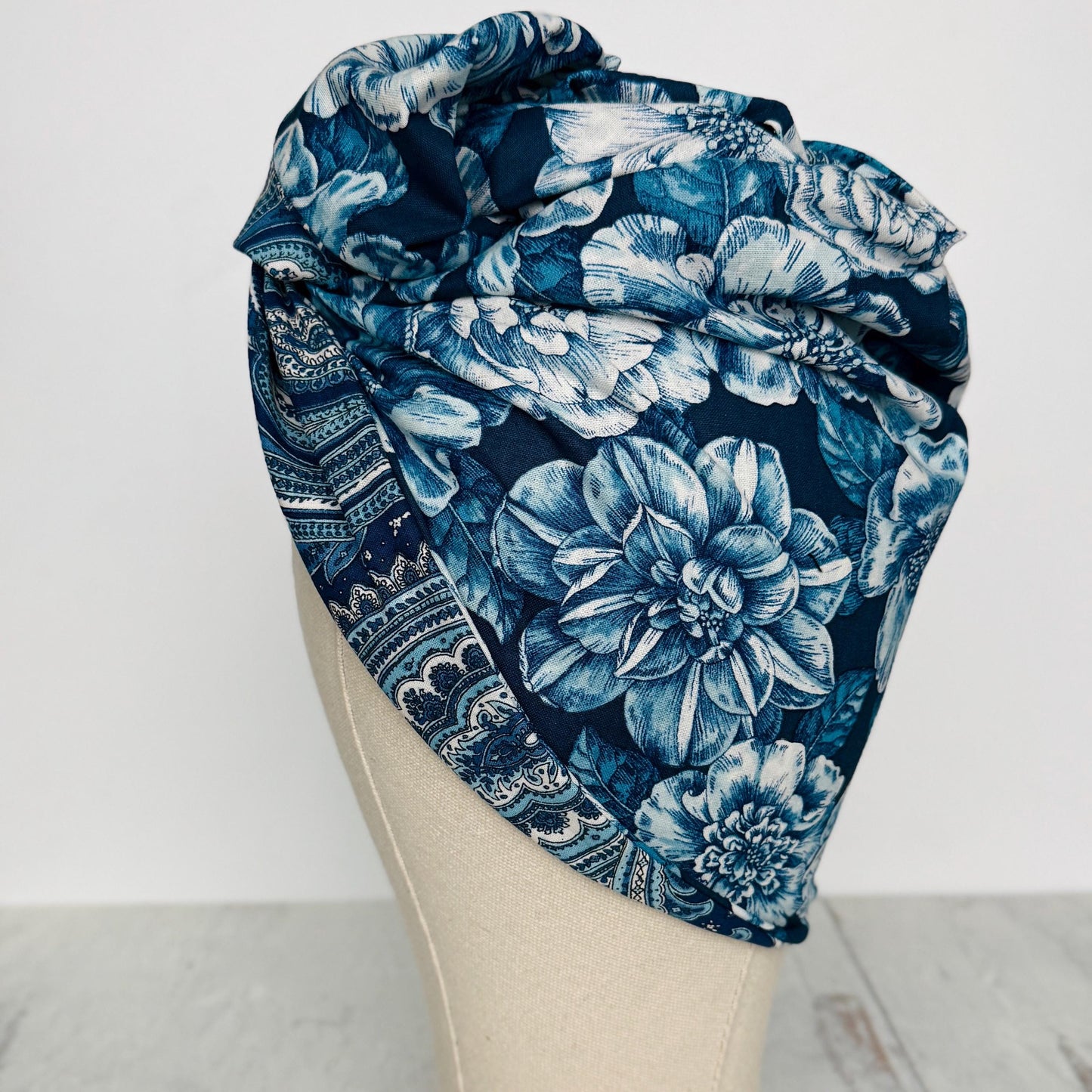 Full Turban Wire Headband, Reversible Extra Wide Navy Teal White Floral Paisley Wired Headband, Fabric Head Wrap, Boho Women Accessories