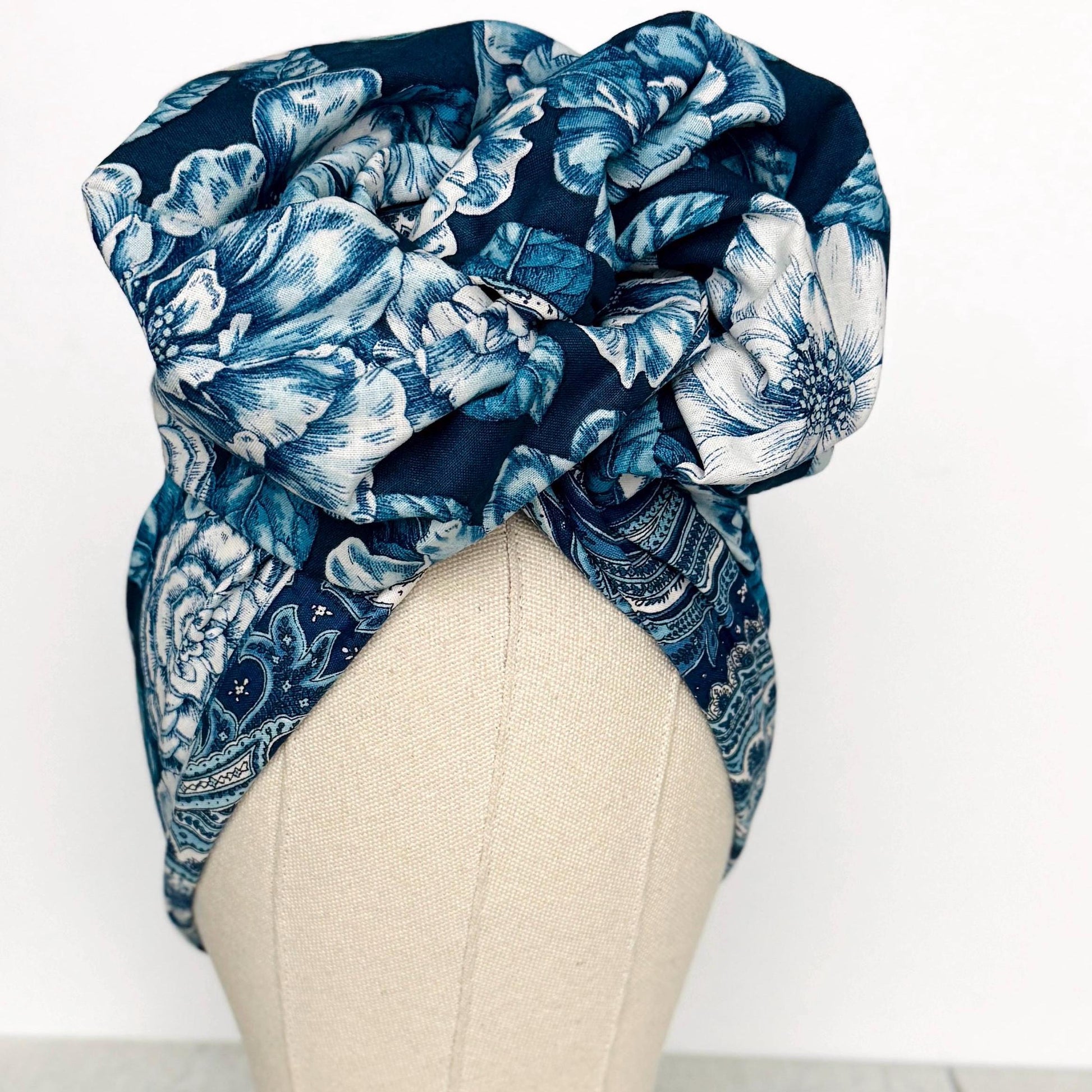 Full Turban Wire Headband, Reversible Extra Wide Navy Teal White Floral Paisley Wired Headband, Fabric Head Wrap, Boho Women Accessories