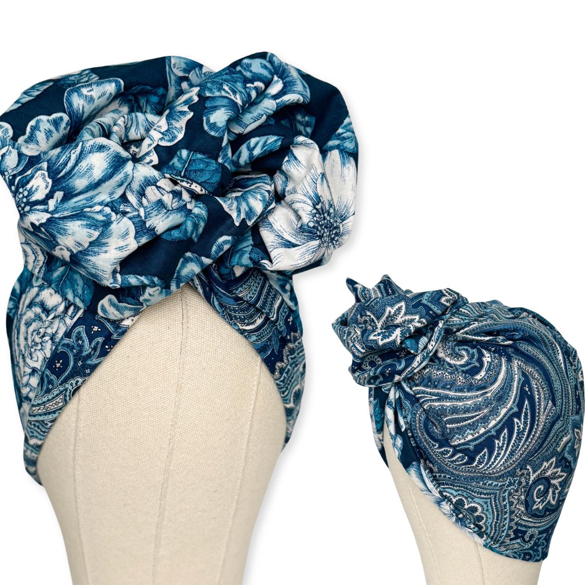 Full Turban Wire Headband, Reversible Extra Wide Navy Teal White Floral Paisley Wired Headband, Fabric Head Wrap, Boho Women Accessories