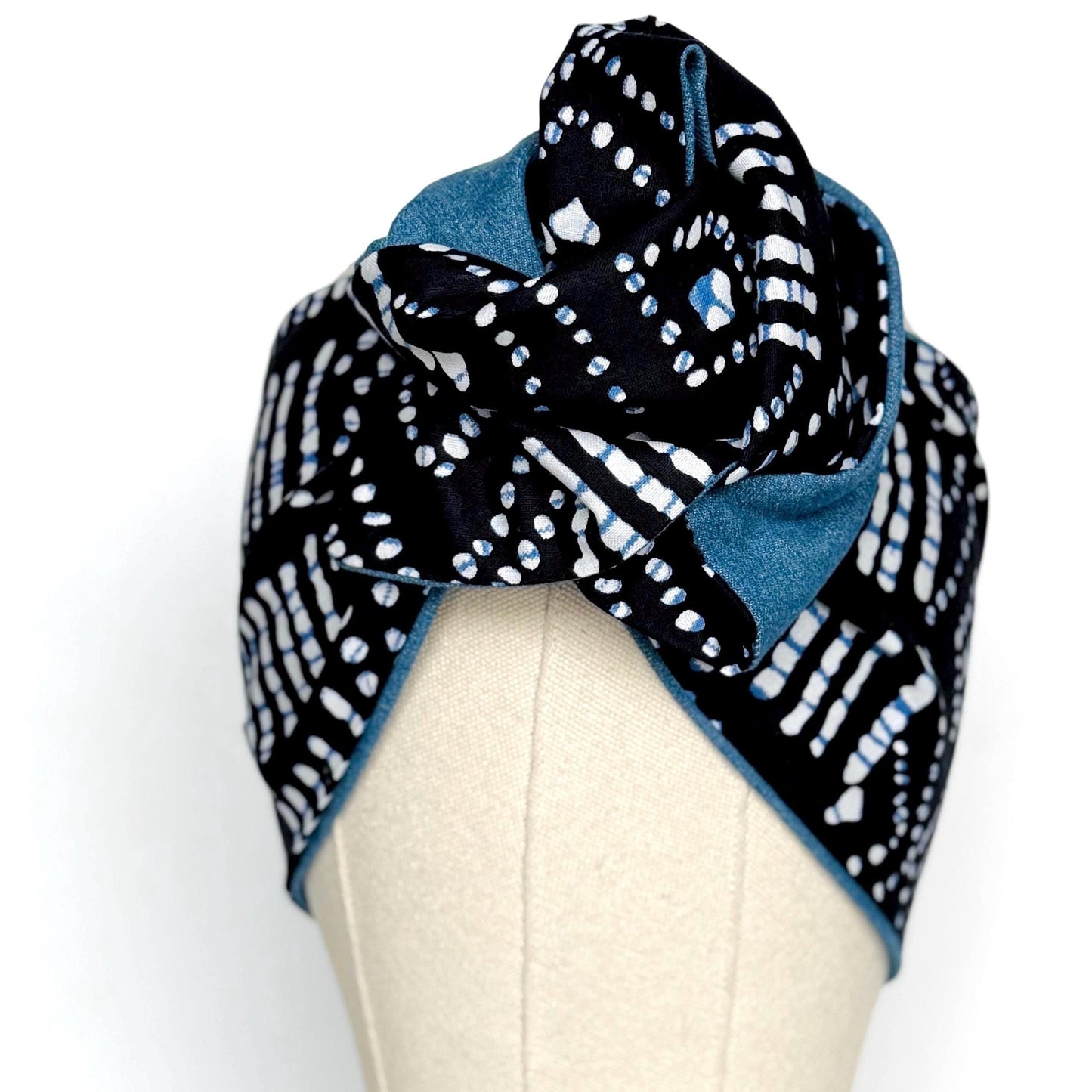 Extra Wide Reversible BENDABLE Wire Headband, Denim Black White Shibori Print Wired Head Wrap, Turban Accessories, Head Scarf Bandana