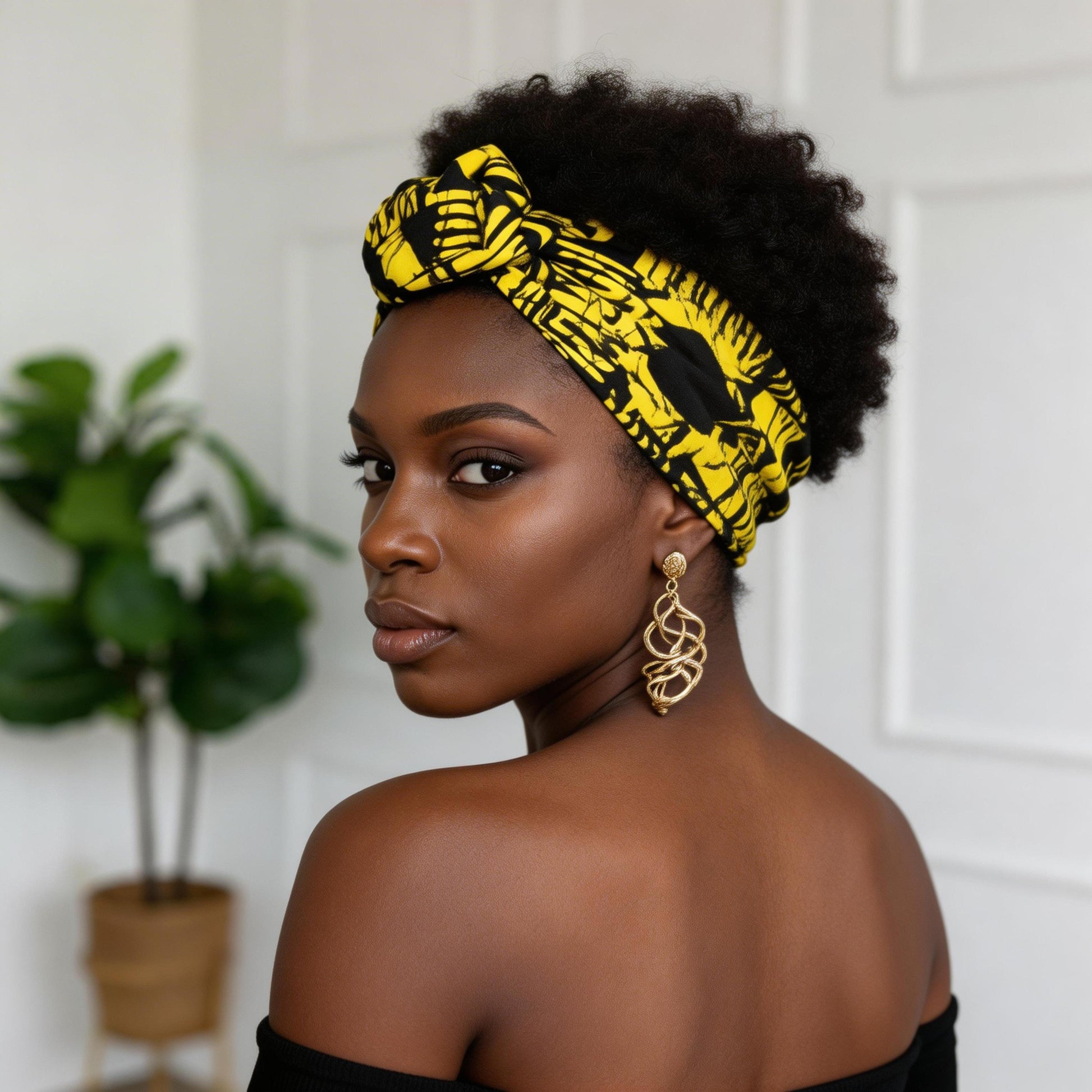 Extra Long Wide Adjustable Wire Wrap, Ankara Wired Headband, Yellow & Black African Fabric Head Wrap, Ankara Afro Boho Accessories
