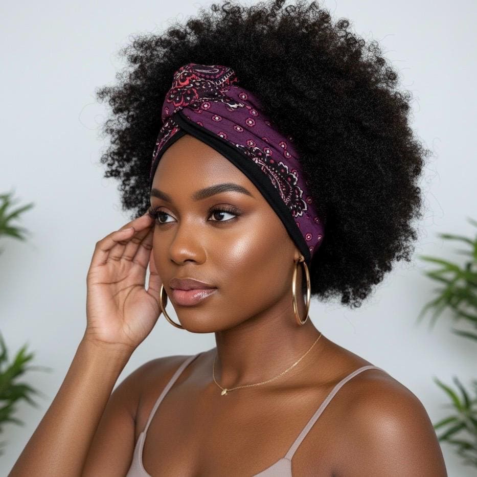 Full Turban Wire Headband, Reversible Extra Wide Deep Plum Paisely Print Wired Headband, Fabric Head Wrap, Afro Boho Women Accessories