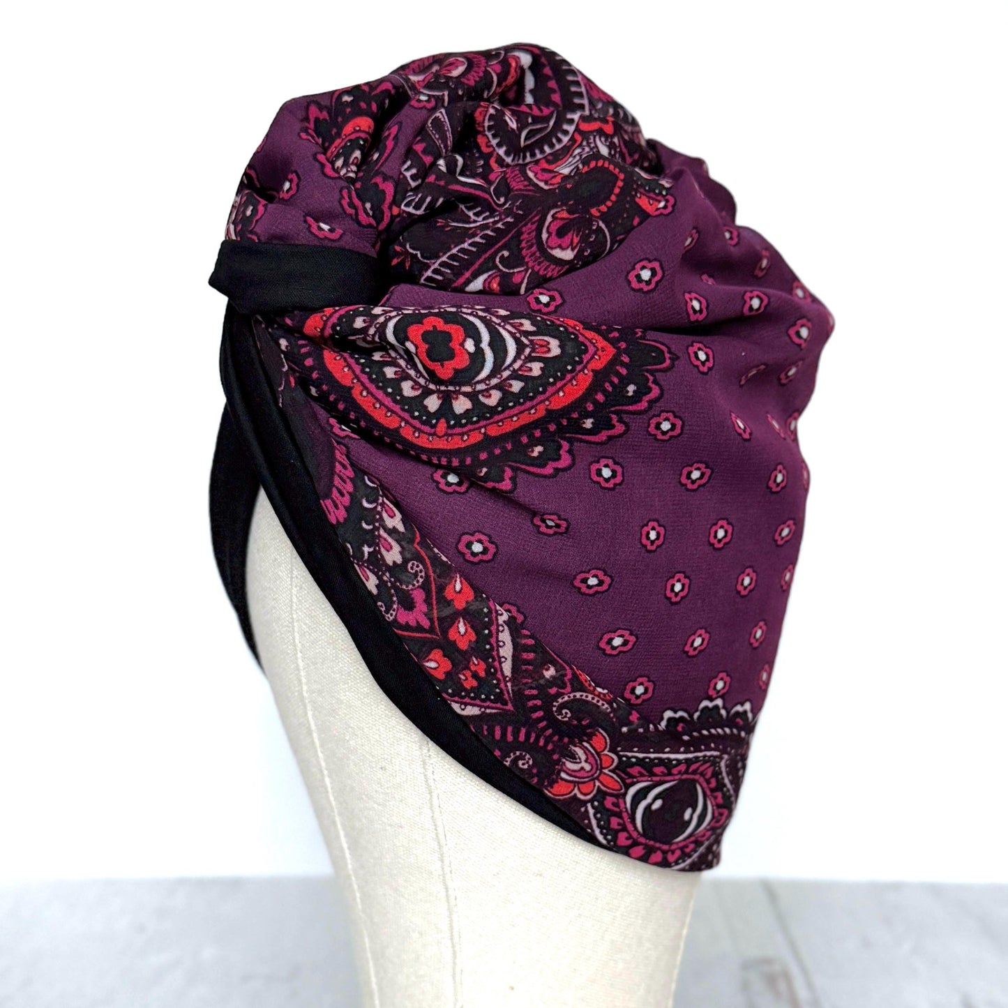 Full Turban Wire Headband, Reversible Extra Wide Deep Plum Paisely Print Wired Headband, Fabric Head Wrap, Afro Boho Women Accessories