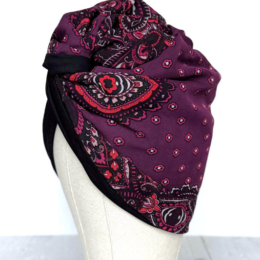 Full Turban Wire Headband, Reversible Extra Wide Deep Plum Paisely Print Wired Headband, Fabric Head Wrap, Afro Boho Women Accessories