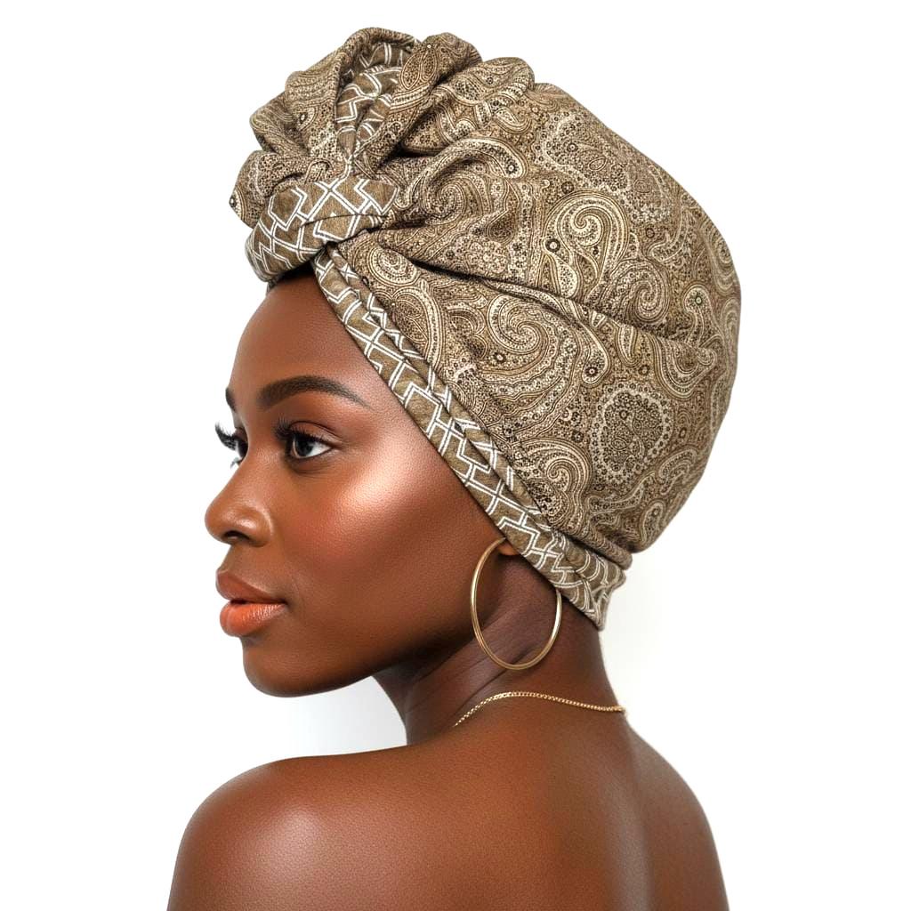 Full Turban Wire Headband, Reversible Extra Wide Tan White Paisley Geometric Print Wired Headband, Fabric Head Wrap, Boho Women Accessories