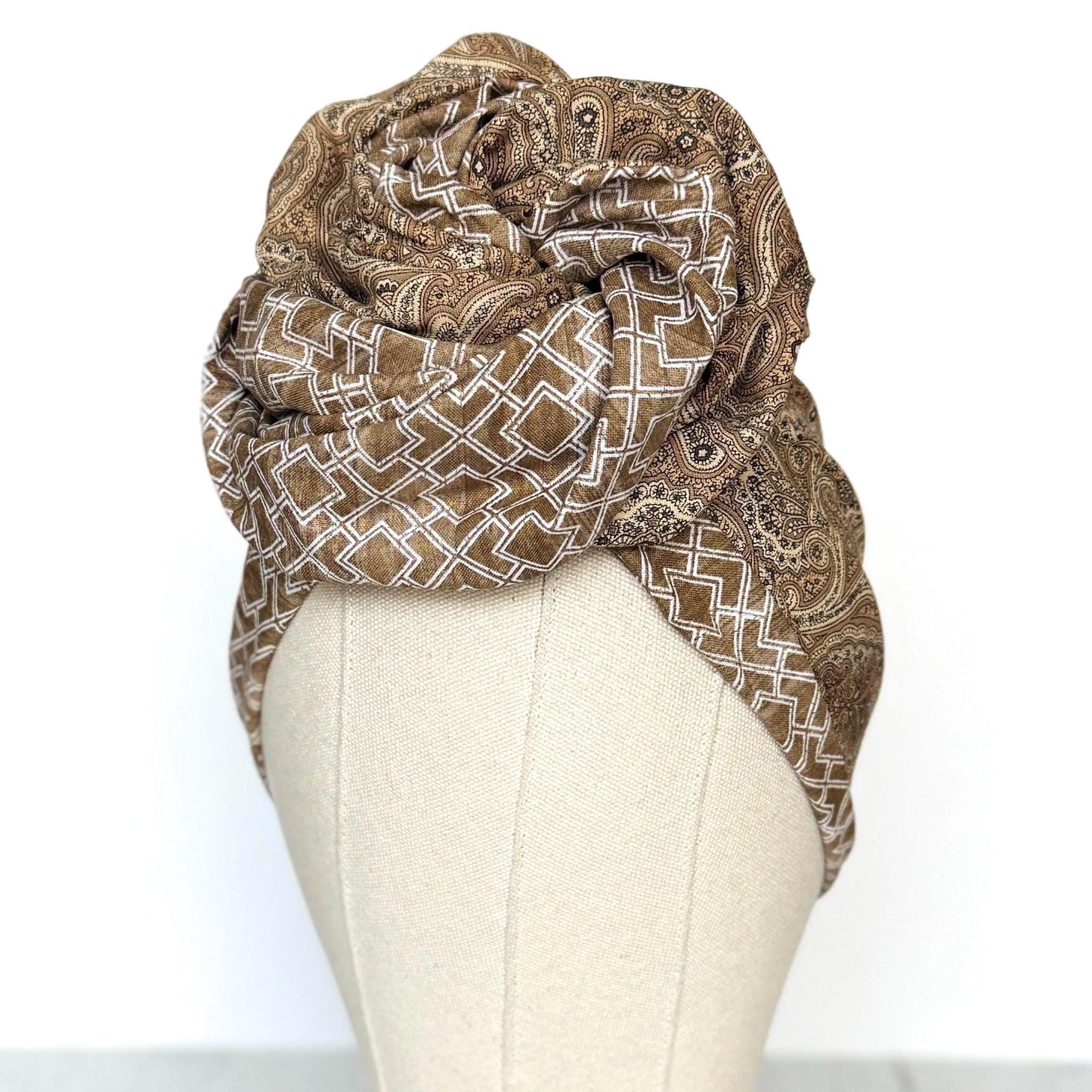 Full Turban Wire Headband, Reversible Extra Wide Tan White Paisley Geometric Print Wired Headband, Fabric Head Wrap, Boho Women Accessories