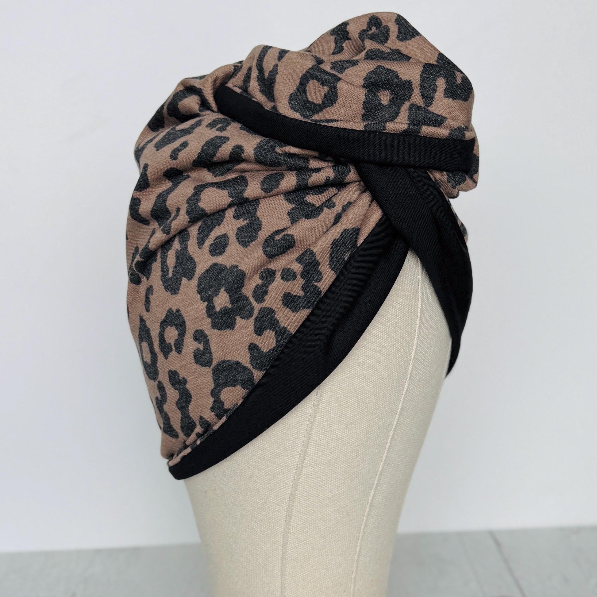Full Turban Wire Headband, Reversible Extra Wide Brown Black Leopard Print Wired Head Wrap, Fabric Head Wrap, Afro Boho Women Accessories