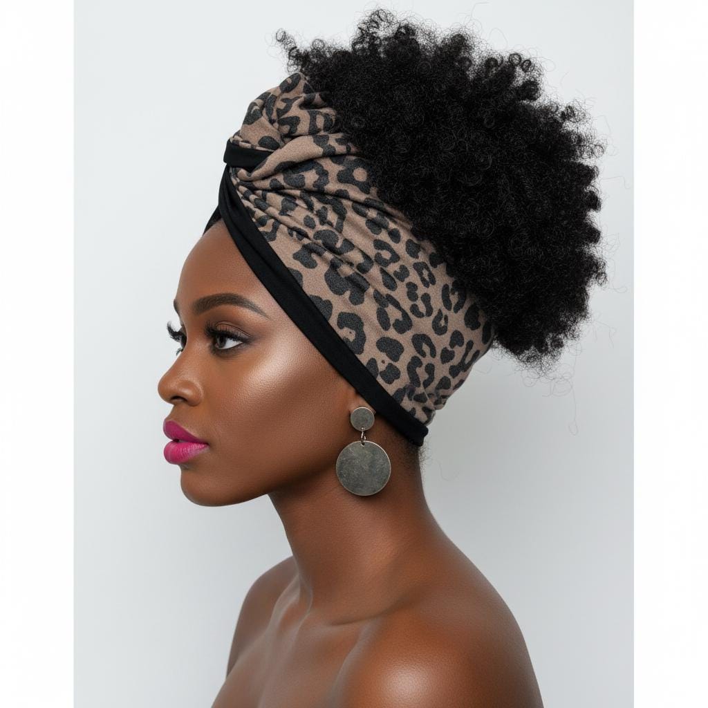 Full Turban Wire Headband, Reversible Extra Wide Brown Black Leopard Print Wired Head Wrap, Fabric Head Wrap, Afro Boho Women Accessories