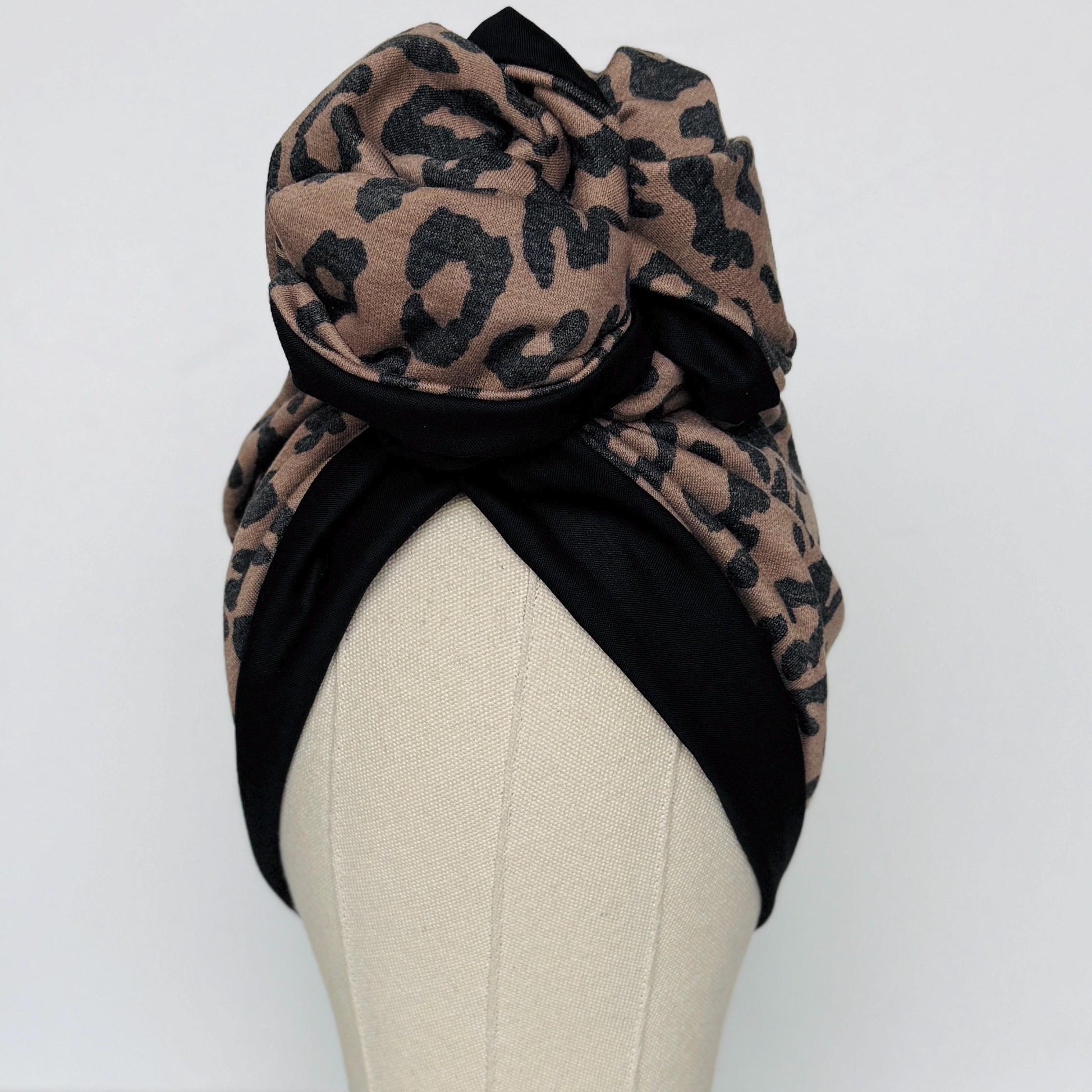 Full Turban Wire Headband, Reversible Extra Wide Brown Black Leopard Print Wired Head Wrap, Fabric Head Wrap, Afro Boho Women Accessories